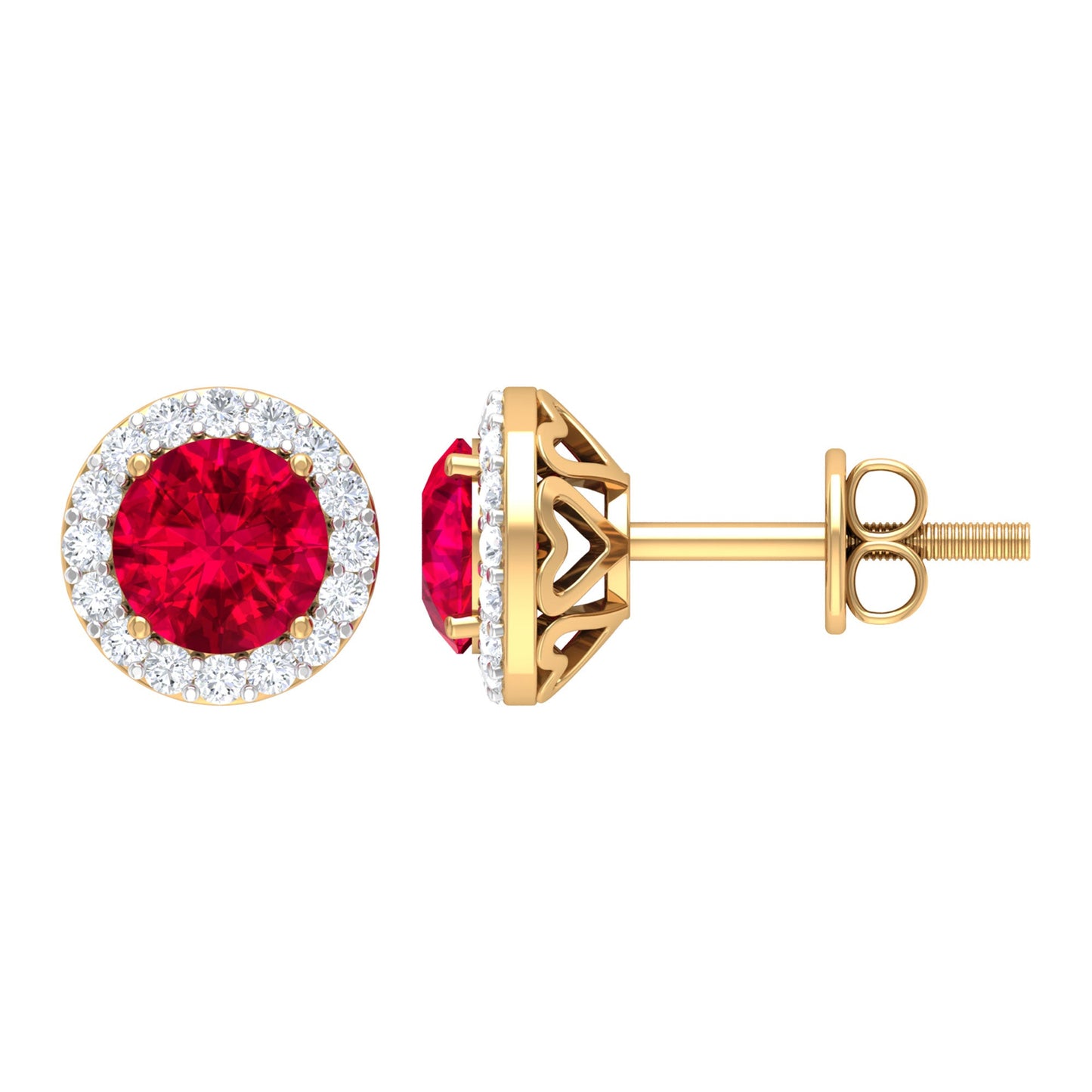 Round Lab Created Ruby Classic Stud Earrings With Diamond Halo