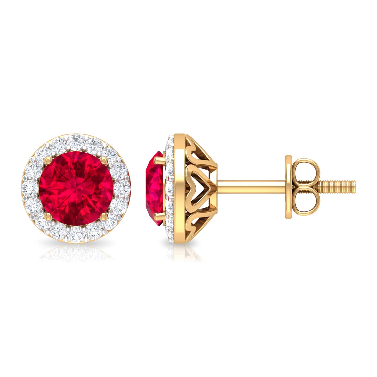 Round Lab Created Ruby Classic Stud Earrings With Diamond Halo