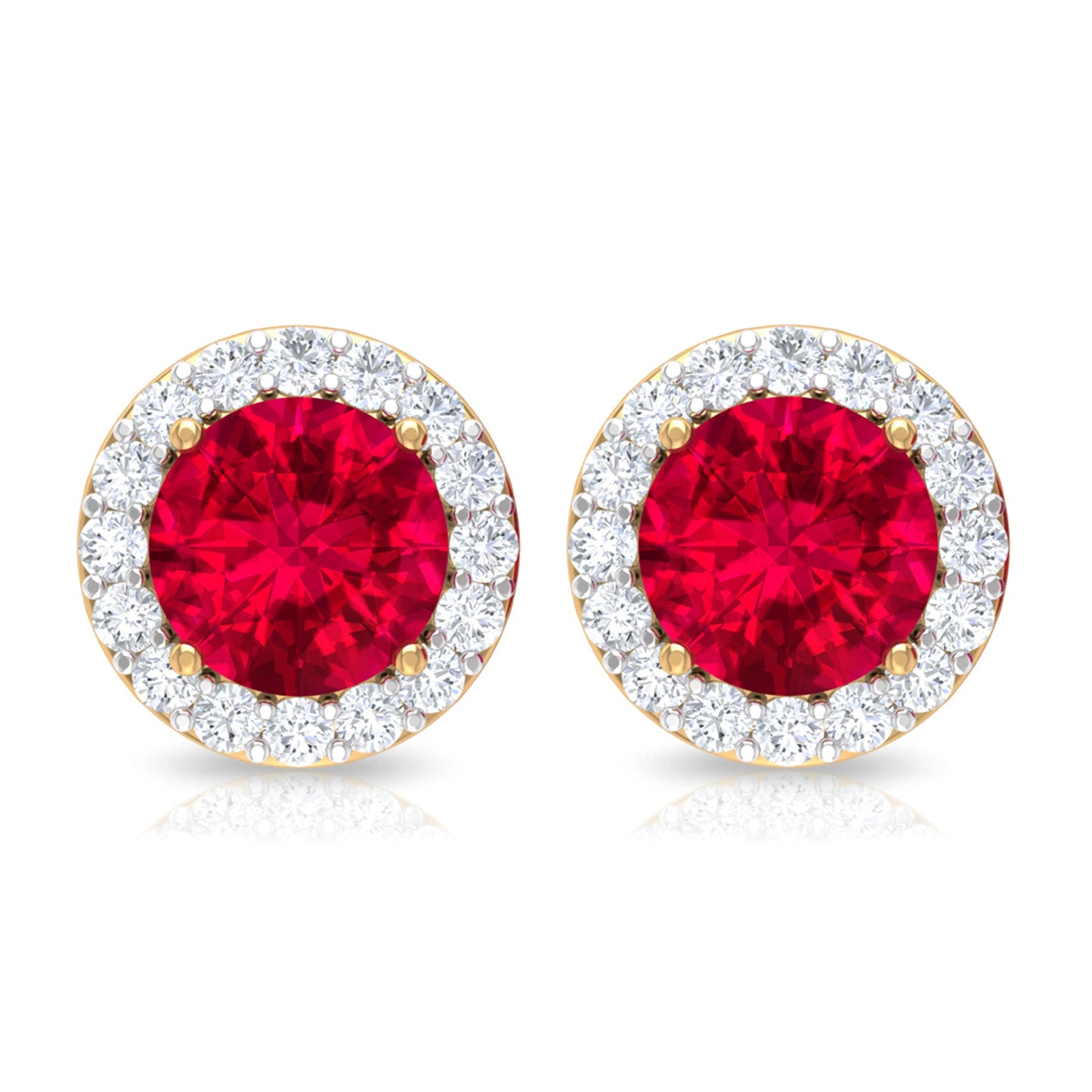 Round Lab Created Ruby Classic Stud Earrings With Diamond Halo