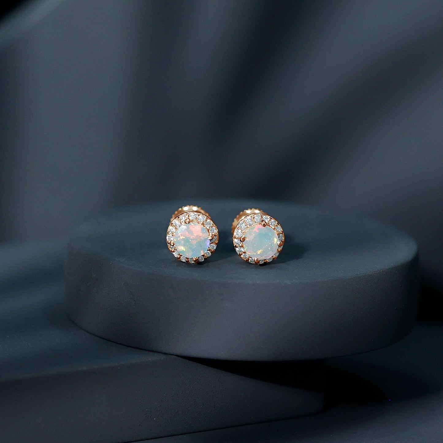 Natural Ethiopian Opal and Moissanite Halo Stud Earrings