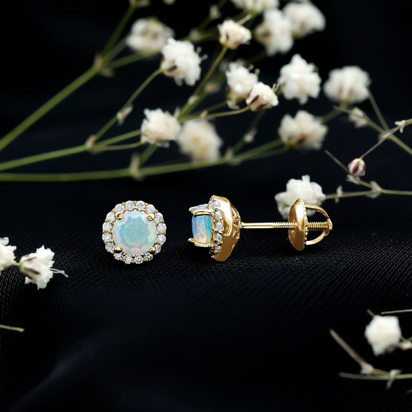 Natural Ethiopian Opal and Moissanite Halo Stud Earrings