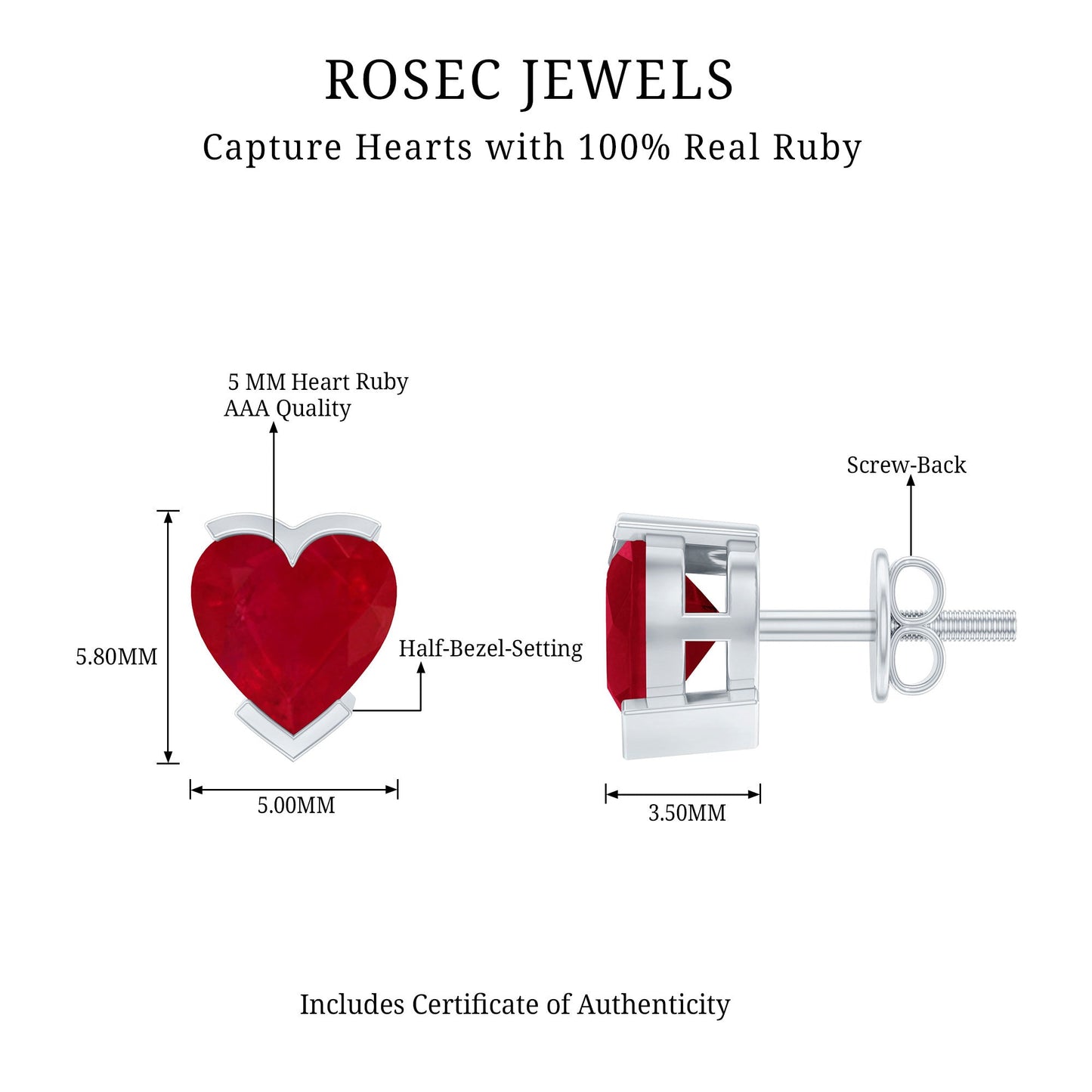 1.3 CT Heart Shape Ruby Solitaire Stud Earrings