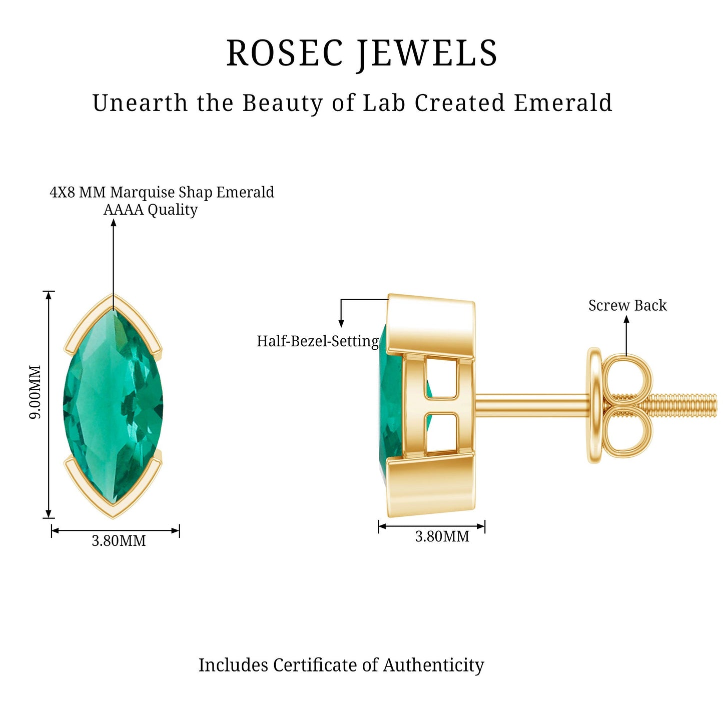 1 CT Marquise Cut Lab Grown Emerald Solitaire Stud Earrings