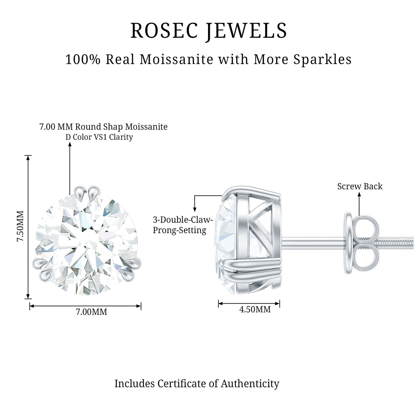 2.73 Carat Round Shape Moissanite Solitaire Stud Earrings
