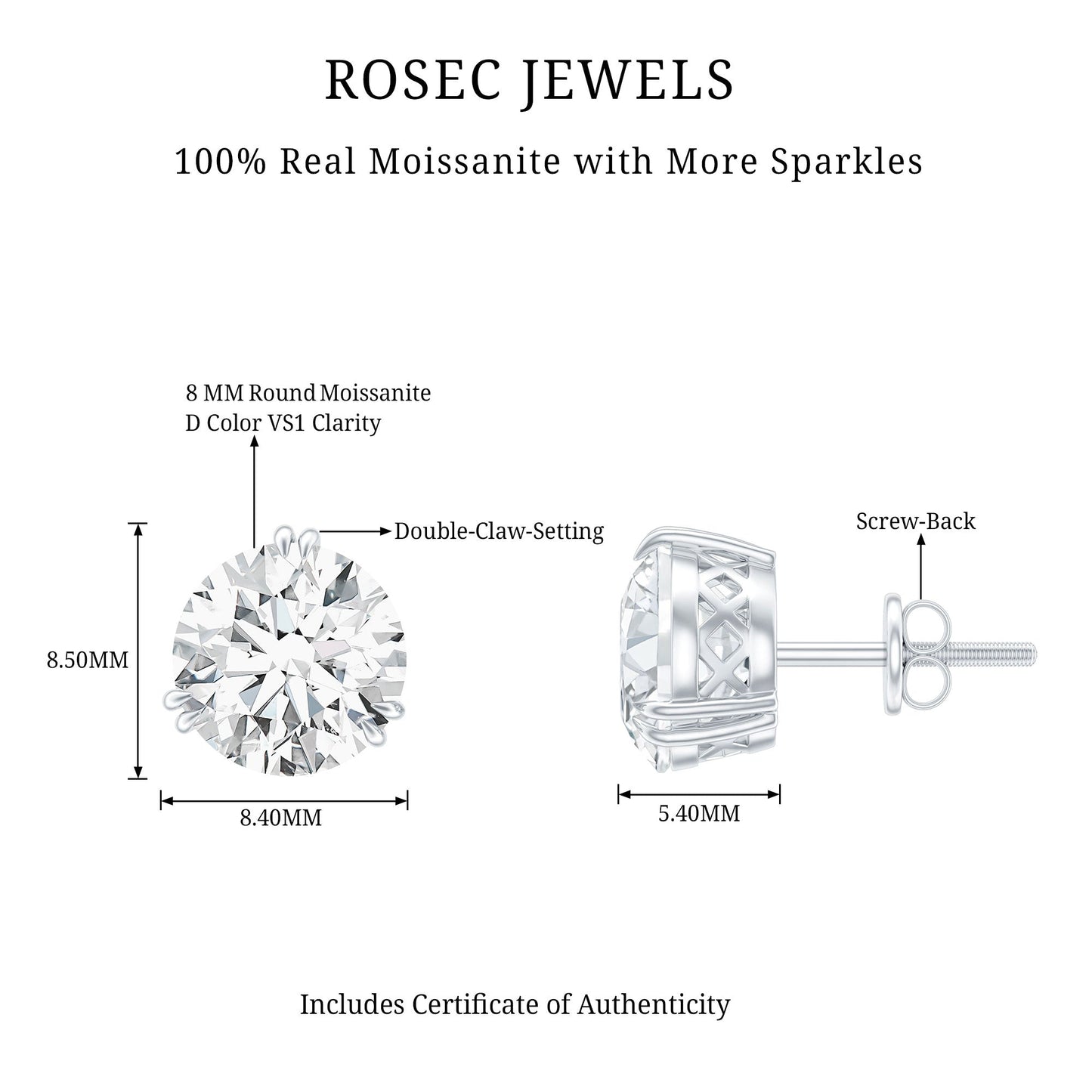 Certified 4 CT Moissanite Stud Earrings in 3 Double Claw Prong Setting