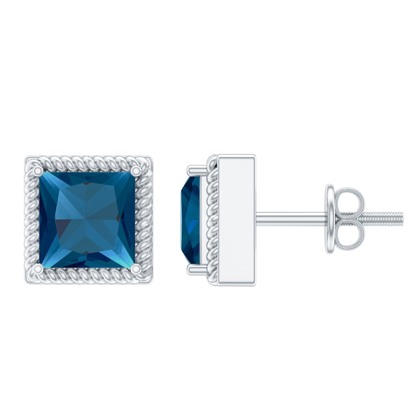2 Carat Princess Cut London Blue Topaz Stud Earrings