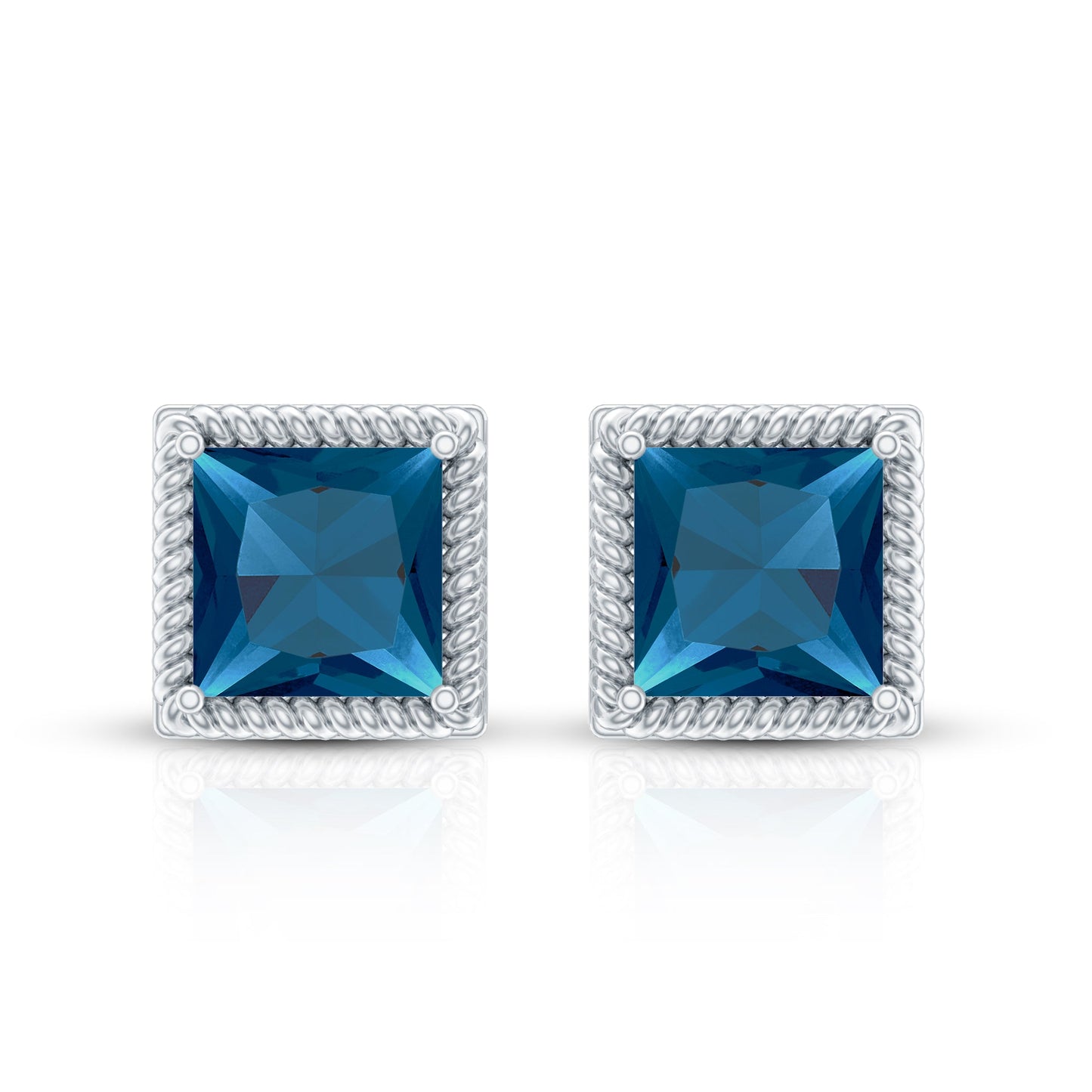 2 Carat Princess Cut London Blue Topaz Stud Earrings
