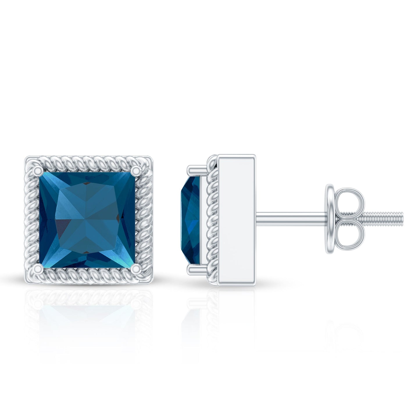 2 Carat Princess Cut London Blue Topaz Stud Earrings