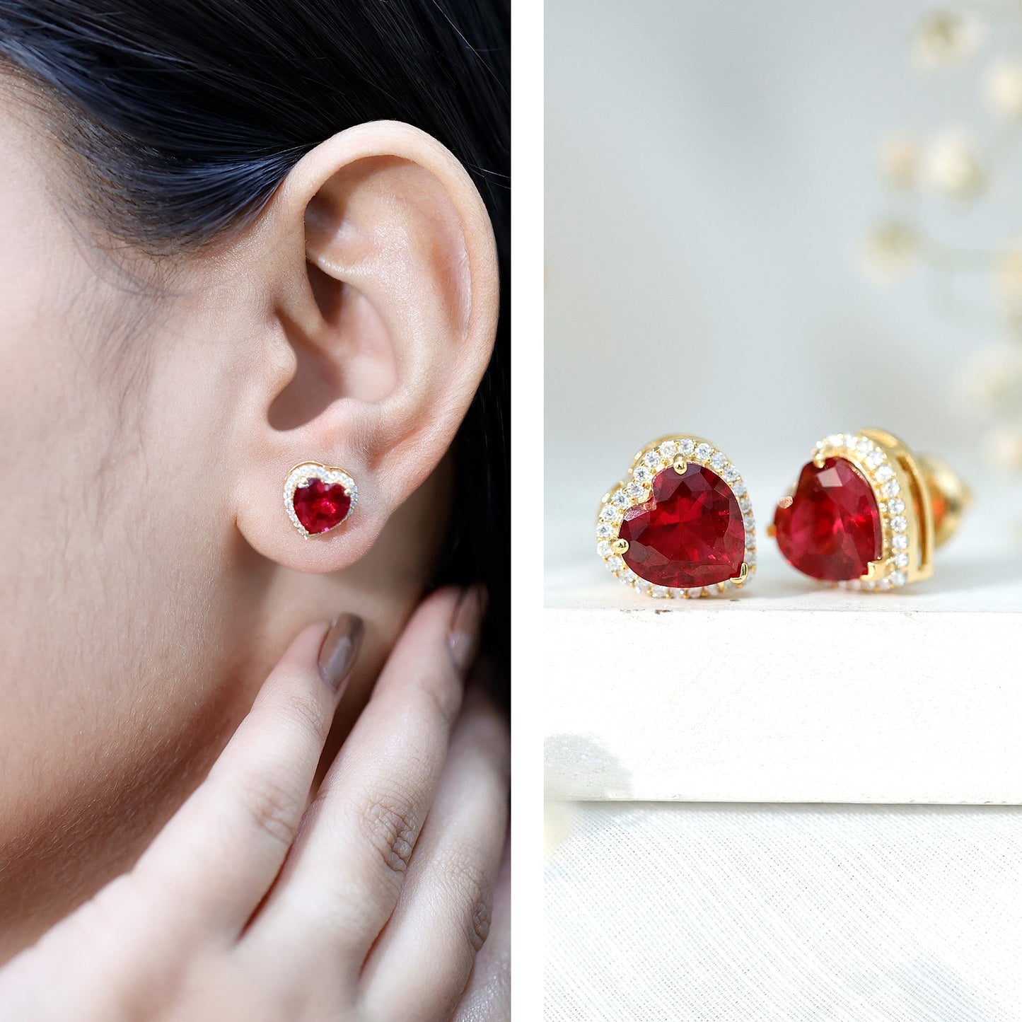 Heart Shape Lab Grown Ruby Stud Earrings For Her