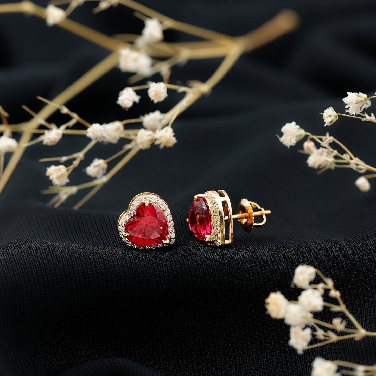 Heart Shape Lab Grown Ruby Stud Earrings For Her
