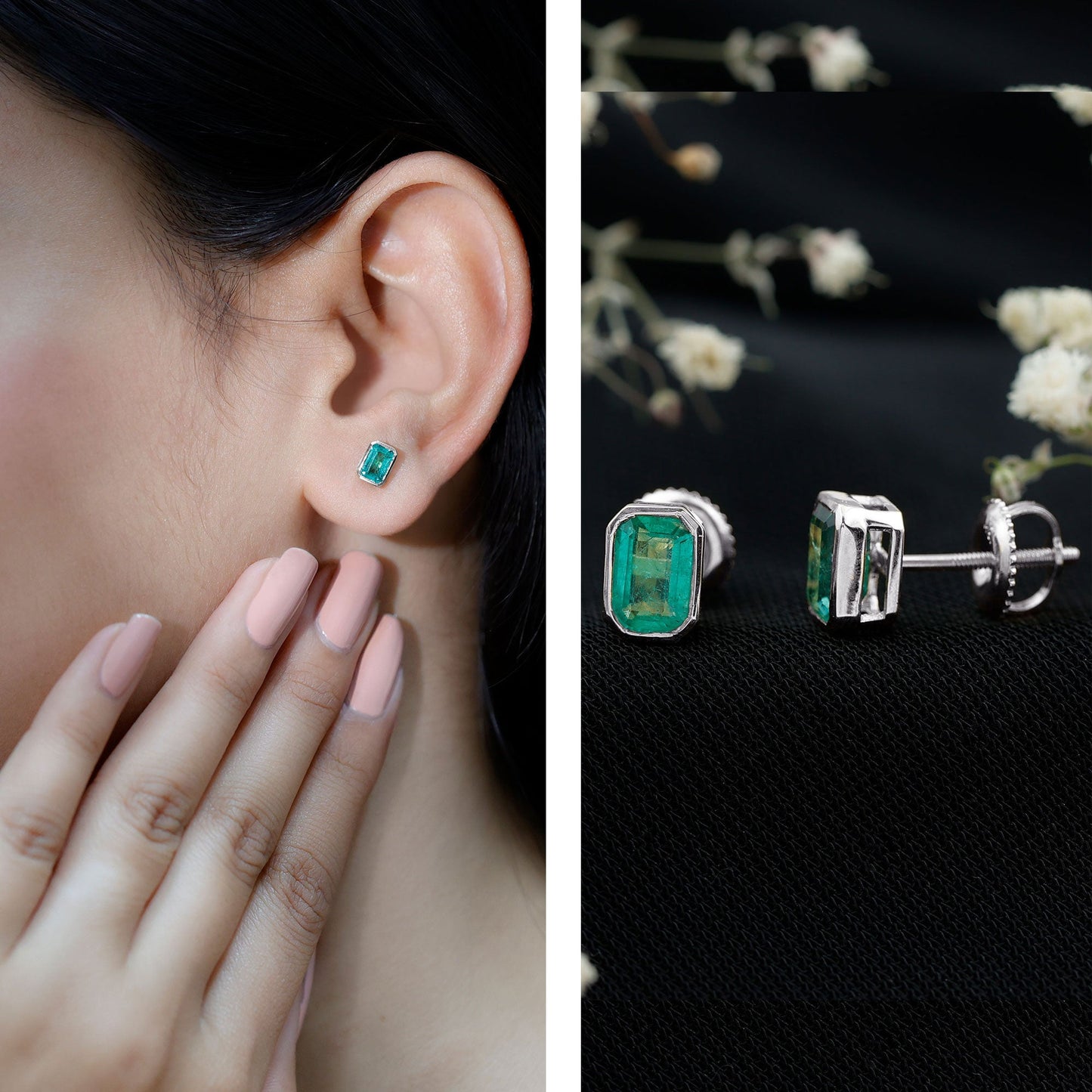 Natural Emerald Cut 4X6 MM Emerald Stud Earrings