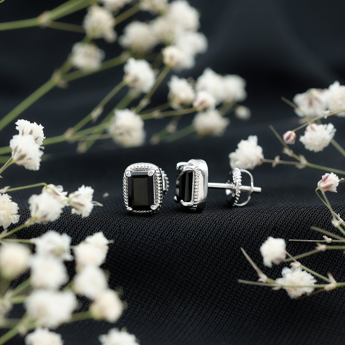 Genuine Black Onyx Emerald Cut Stud Earring with Twisted Rose Frame