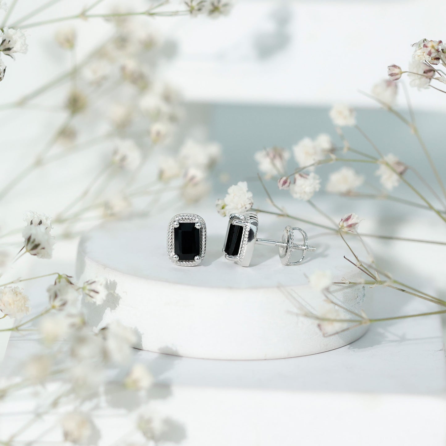Genuine Black Onyx Emerald Cut Stud Earring with Twisted Rose Frame