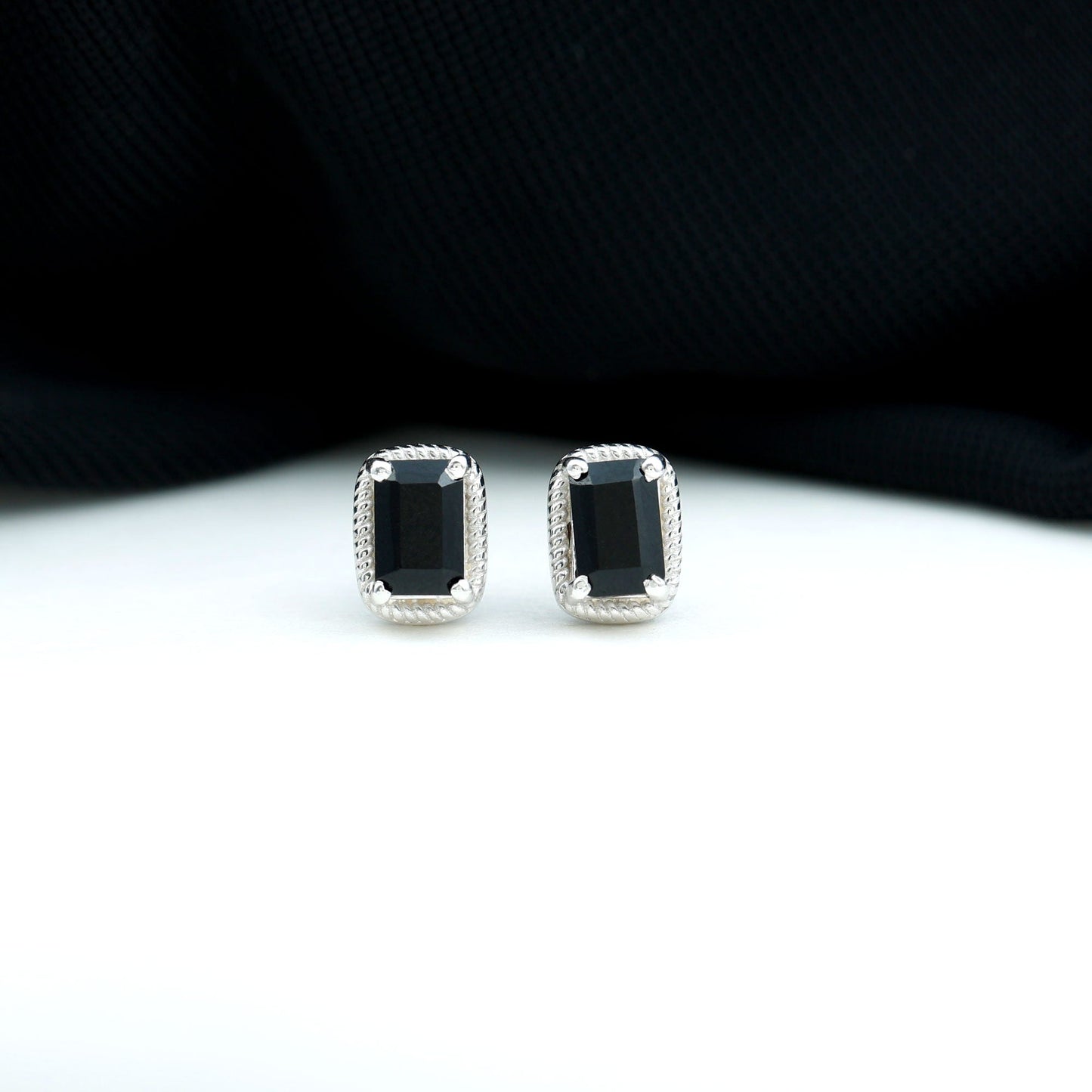 Genuine Black Onyx Emerald Cut Stud Earring with Twisted Rose Frame