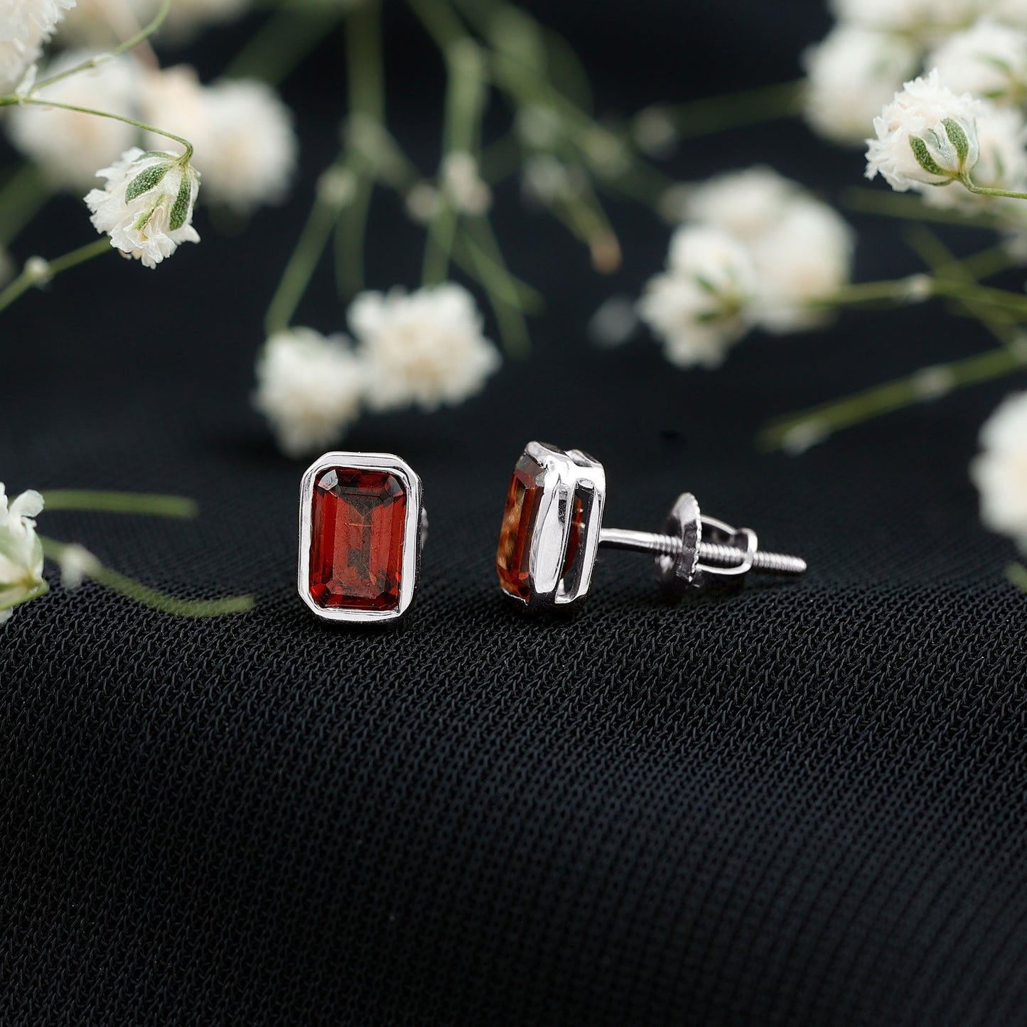 1.4 CT Emerald Cut Garnet Solitaire Stud Earrings in Bezel Setting