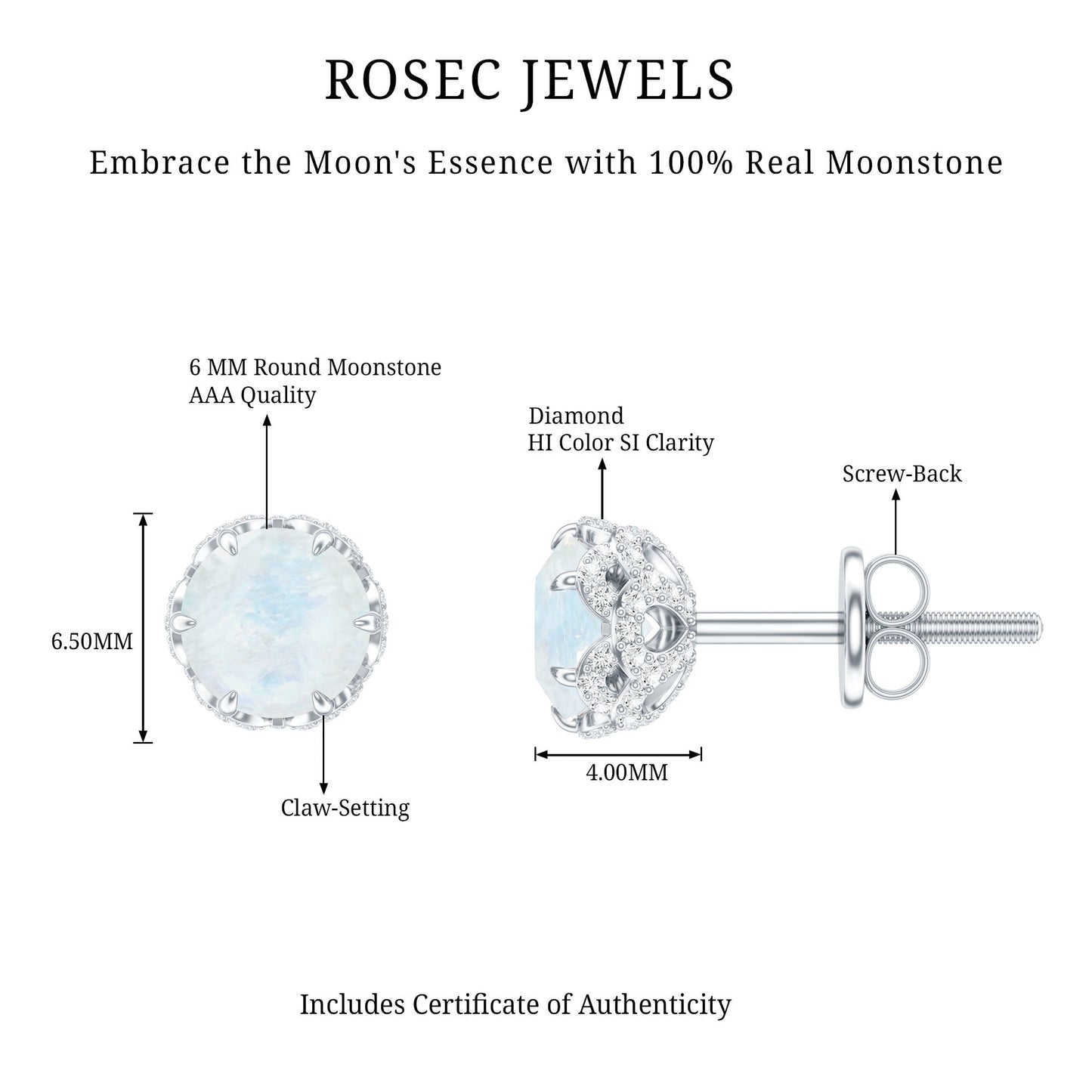 Round Cut Genuine Moonstone and Diamond Stud Earrings