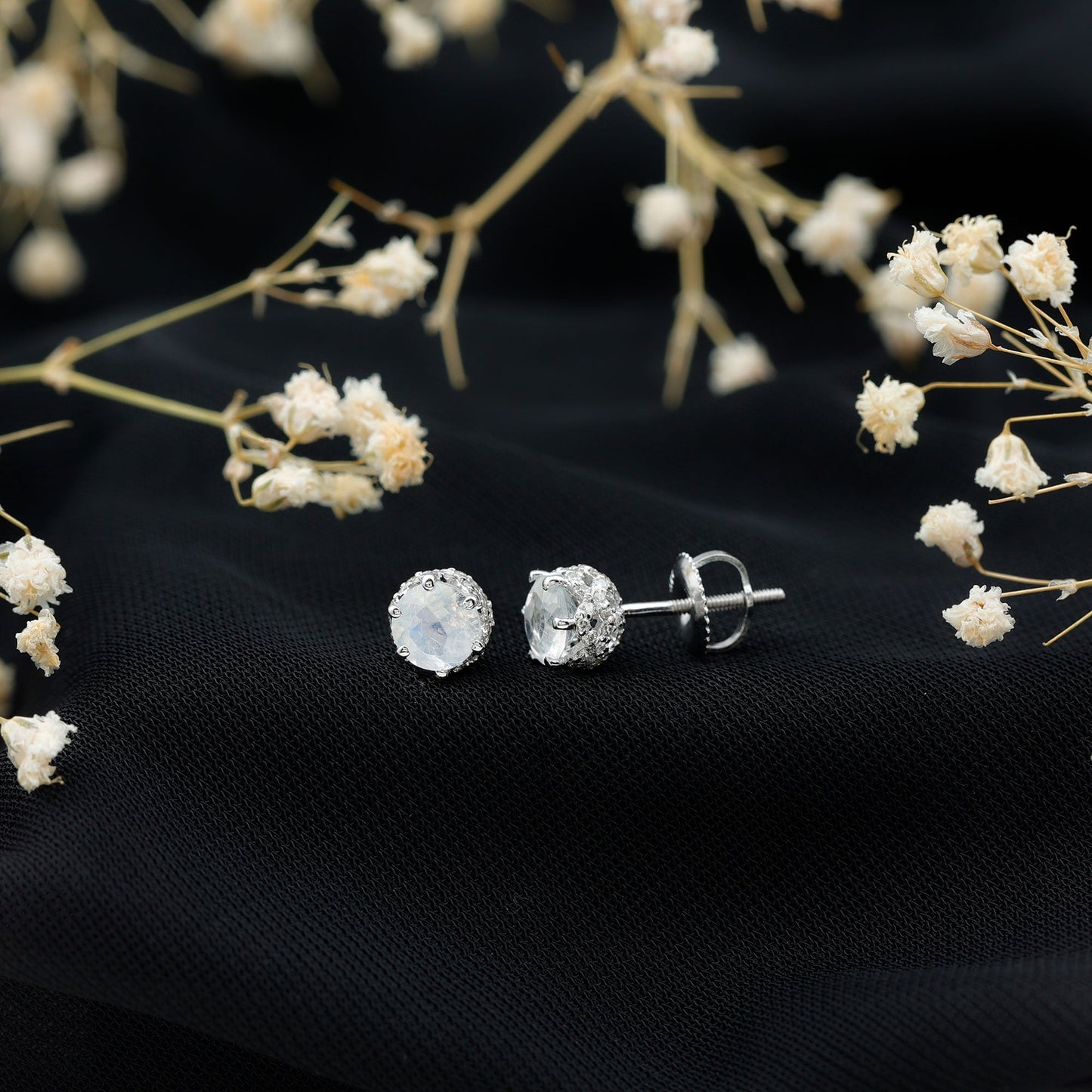 Round Cut Genuine Moonstone and Diamond Stud Earrings