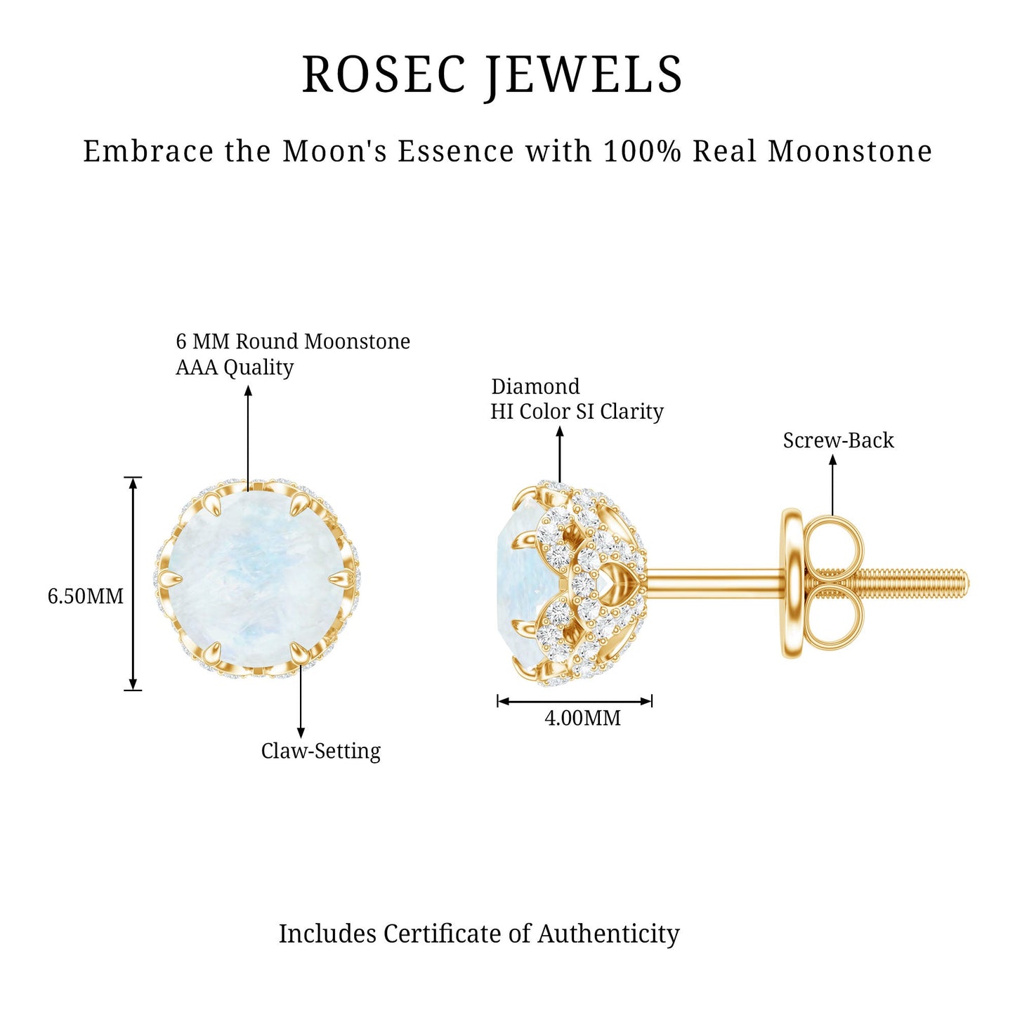 Round Cut Genuine Moonstone and Diamond Stud Earrings