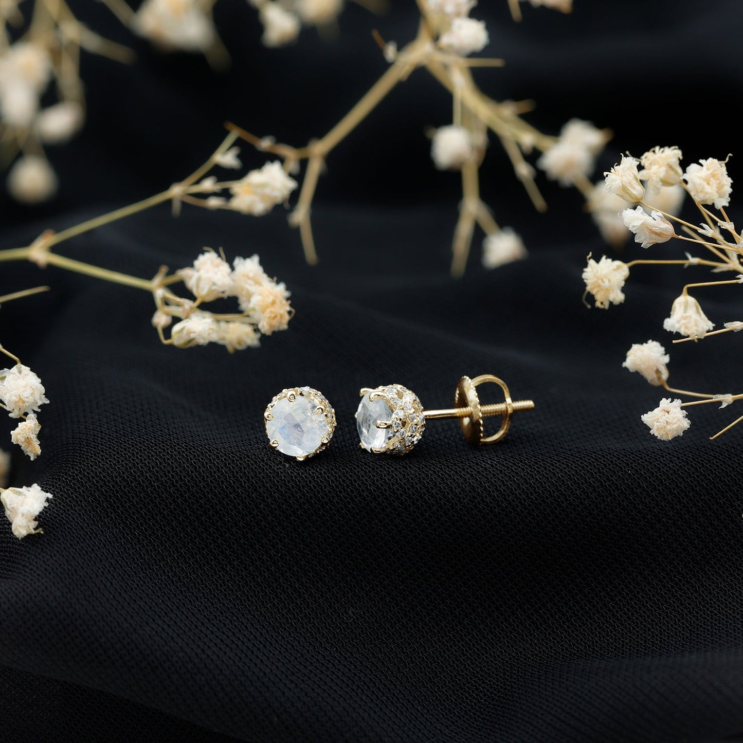 Round Cut Genuine Moonstone and Diamond Stud Earrings