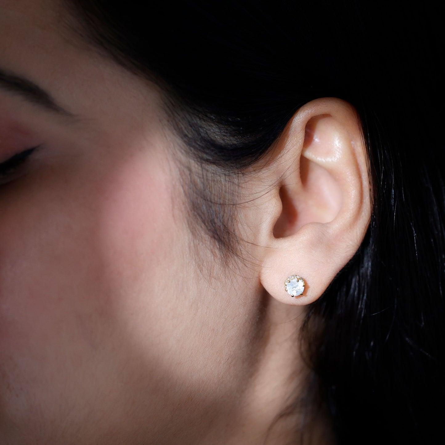 Round Cut Genuine Moonstone and Diamond Stud Earrings