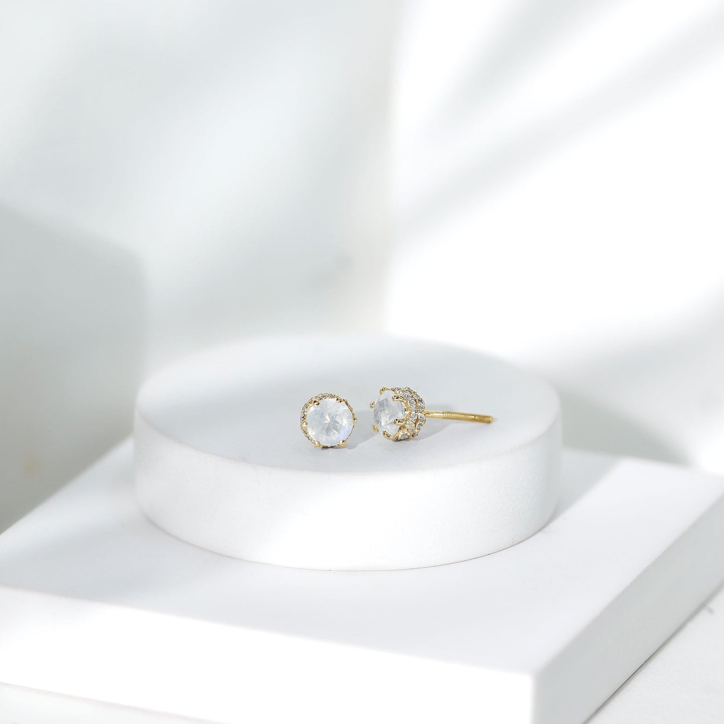 Round Cut Genuine Moonstone and Diamond Stud Earrings