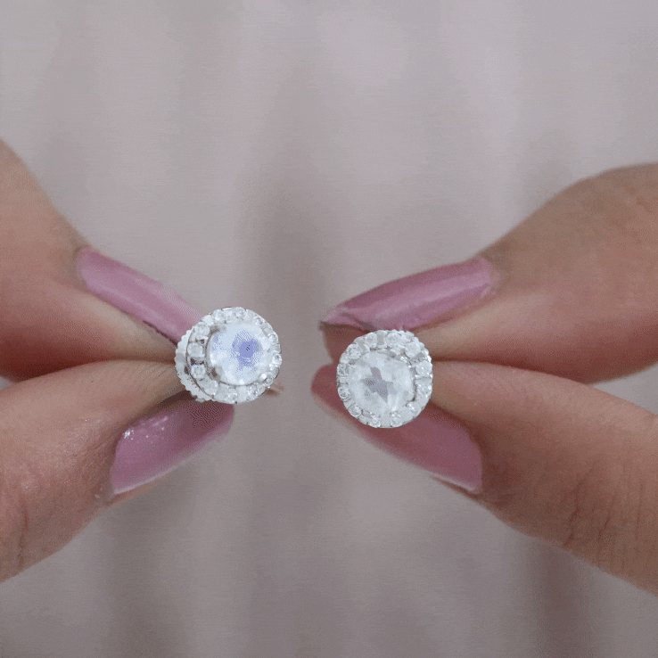 Vintage Inspired 0.74 Carat Moonstone and Diamond Halo Stud Earrings