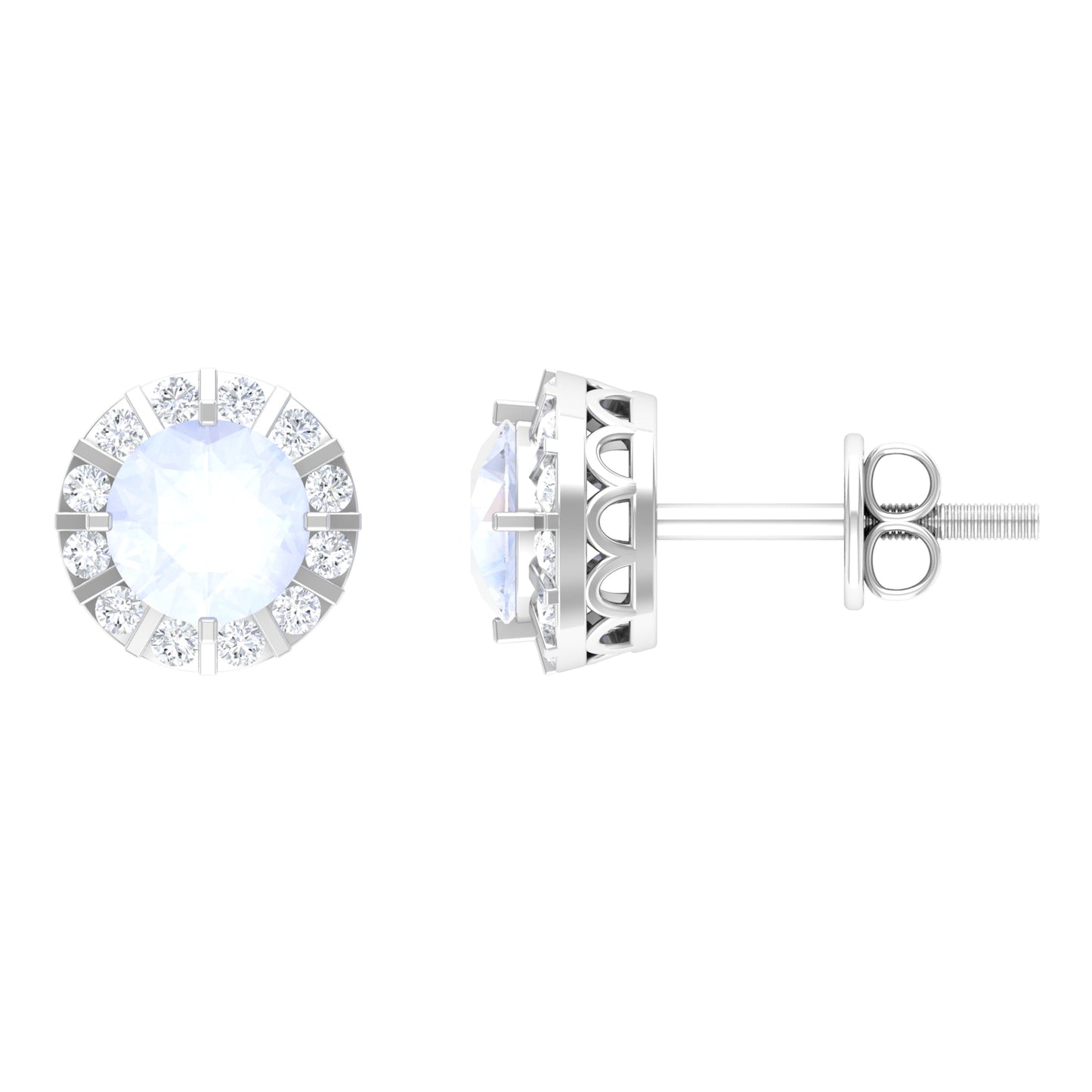 Vintage Inspired 0.74 Carat Moonstone and Diamond Halo Stud Earrings