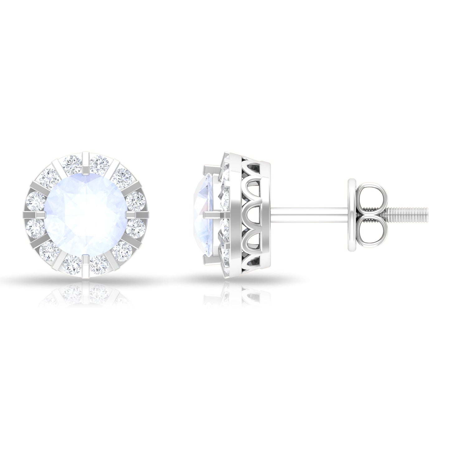 Vintage Inspired 0.74 Carat Moonstone and Diamond Halo Stud Earrings