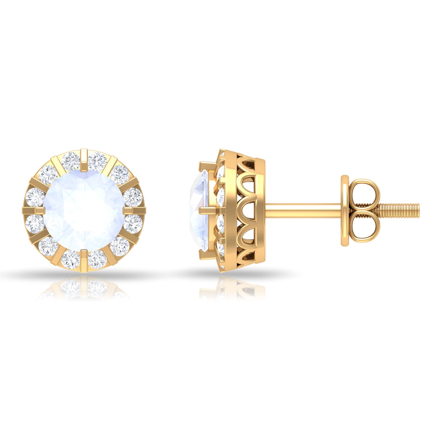 Vintage Inspired 0.74 Carat Moonstone and Diamond Halo Stud Earrings