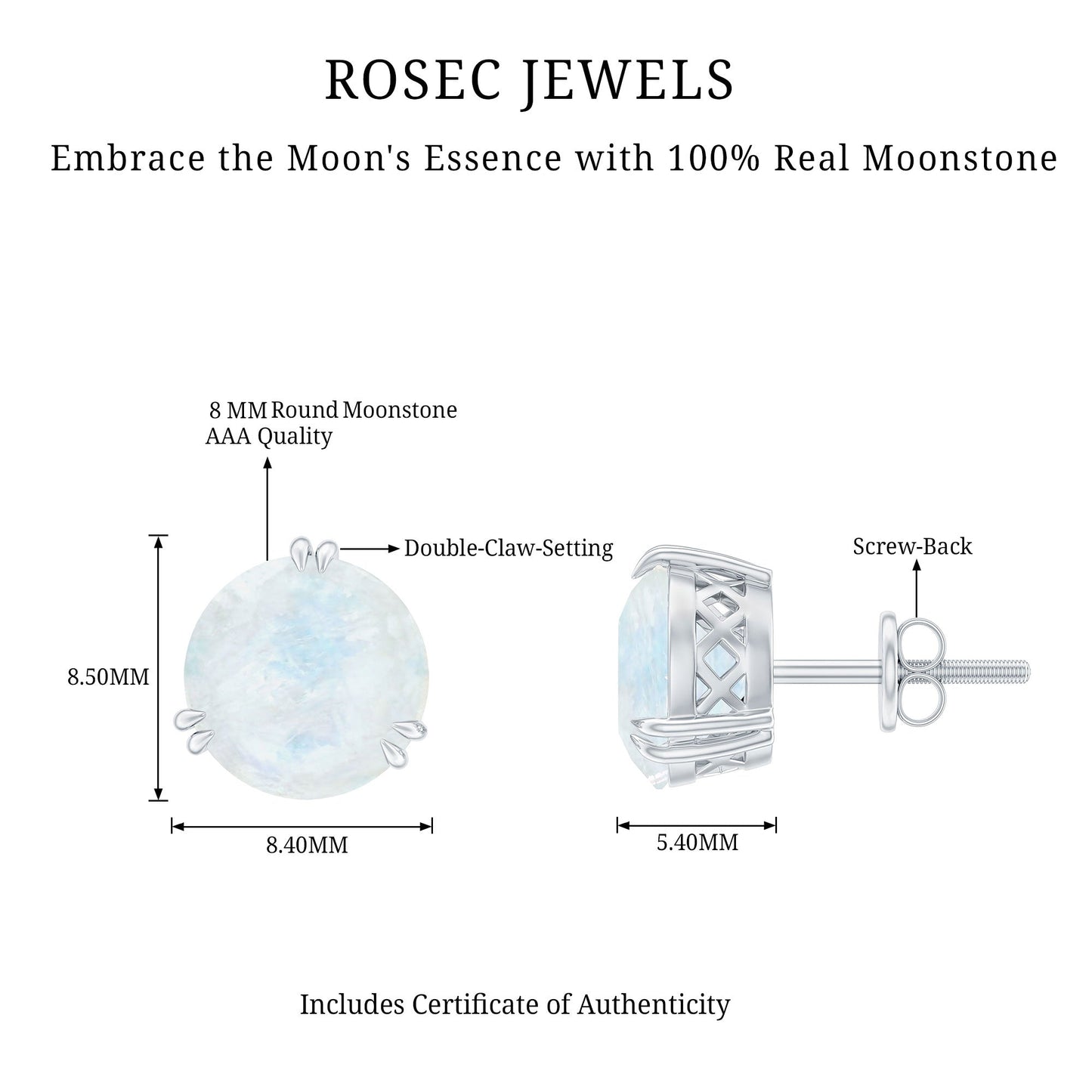 Natural 1.7 Carat Moonstone Stud Earrings with Screw Back