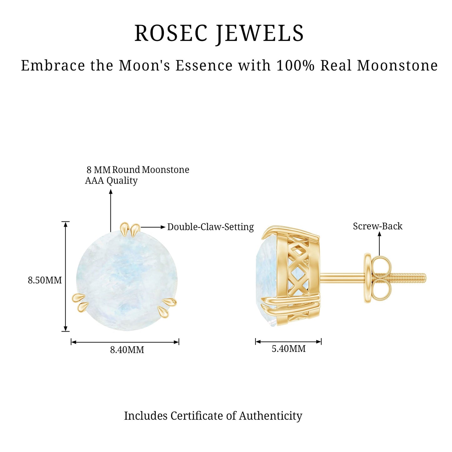 Natural 1.7 Carat Moonstone Stud Earrings with Screw Back