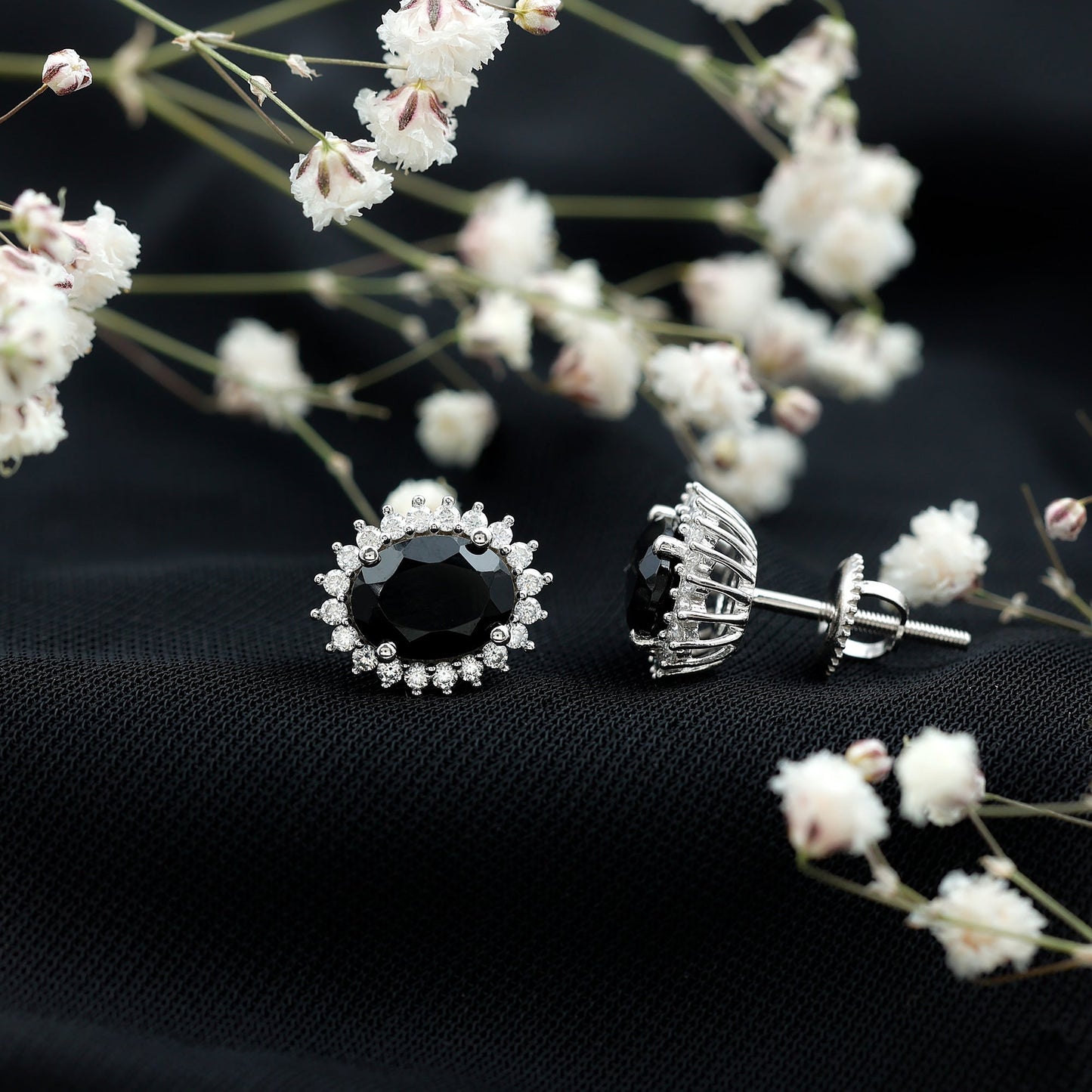 2 Carat Oval Cut Black Onyx Stud Earrings with Moissanite Halo