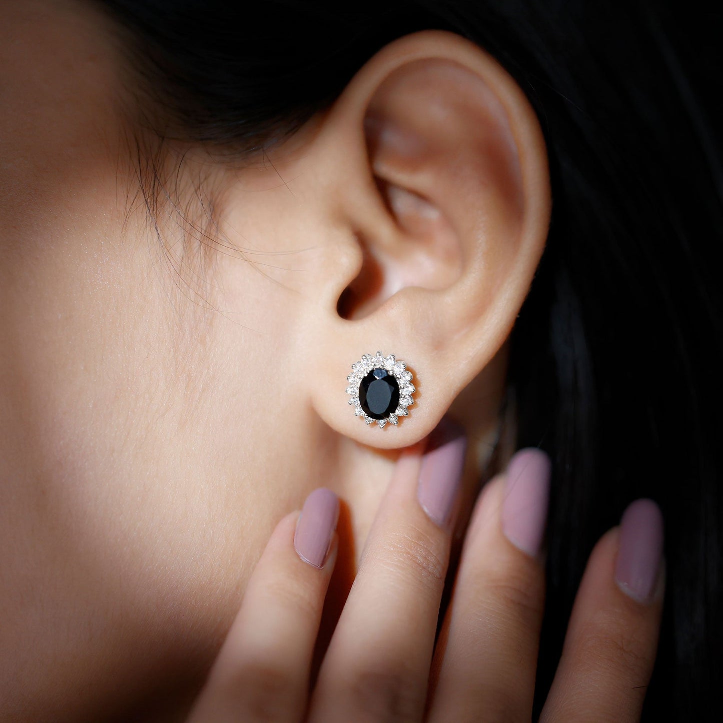 2 Carat Oval Cut Black Onyx Stud Earrings with Moissanite Halo