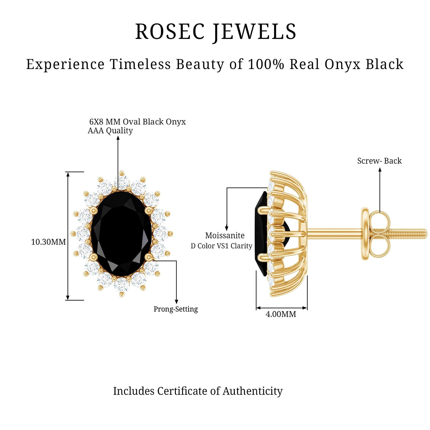 2 Carat Oval Cut Black Onyx Stud Earrings with Moissanite Halo