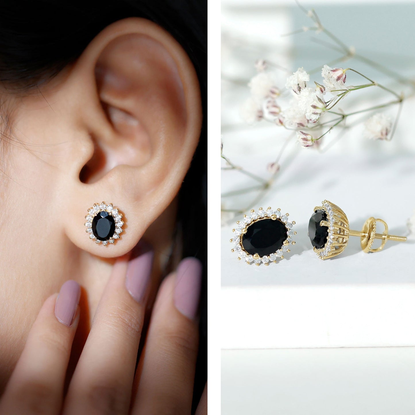 2 Carat Oval Cut Black Onyx Stud Earrings with Moissanite Halo