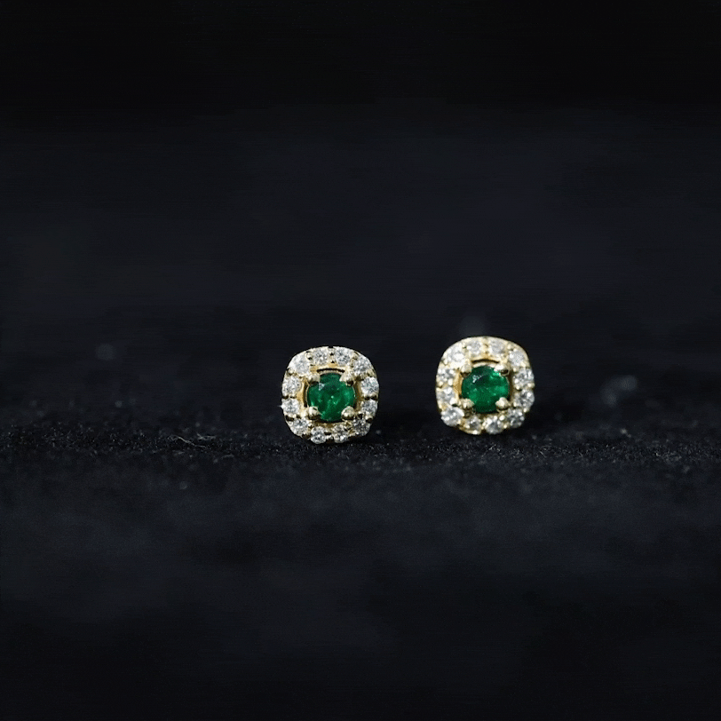 Minimalist Emerald and Diamond Halo Stud Earrings