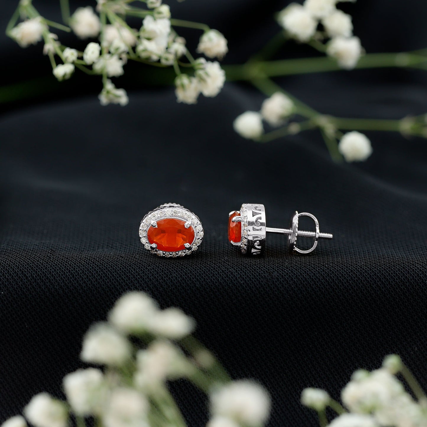 1.3 Carat Oval Cut Fire Opal and Diamond Halo Stud Earrings