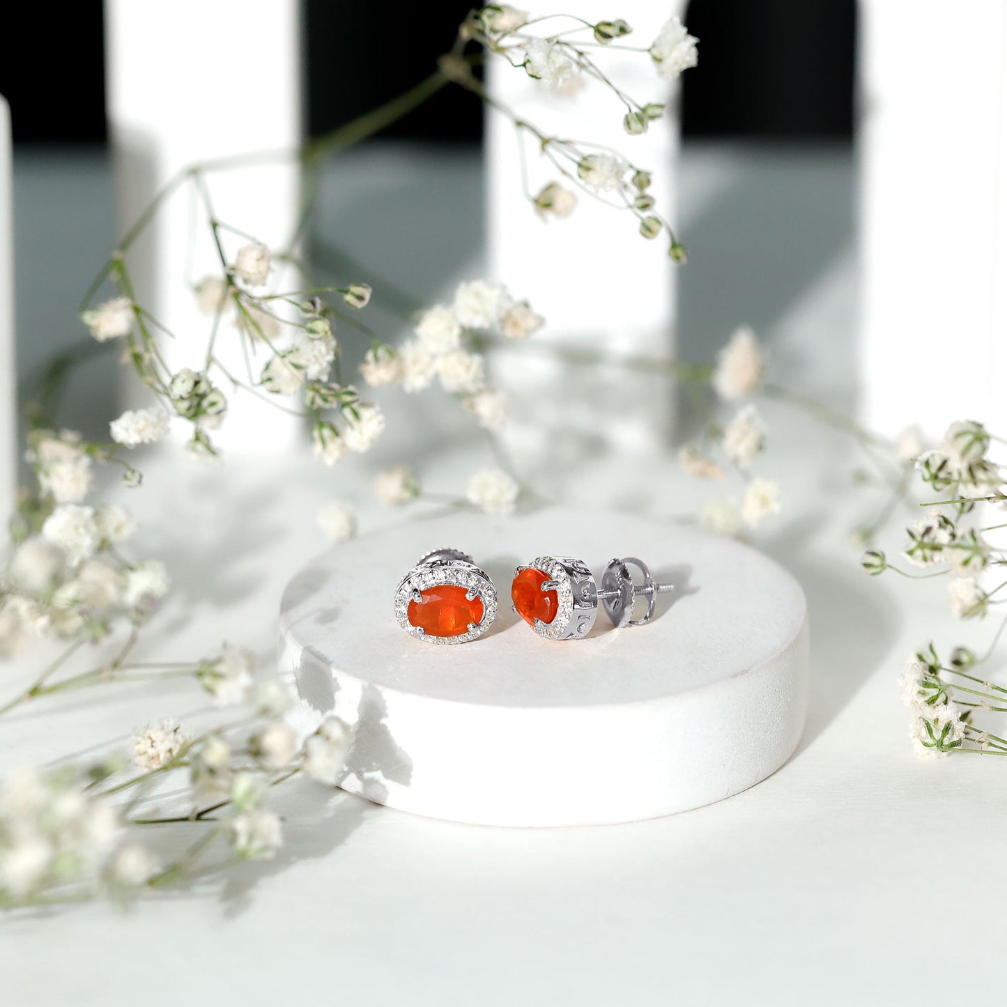 1.3 Carat Oval Cut Fire Opal and Diamond Halo Stud Earrings