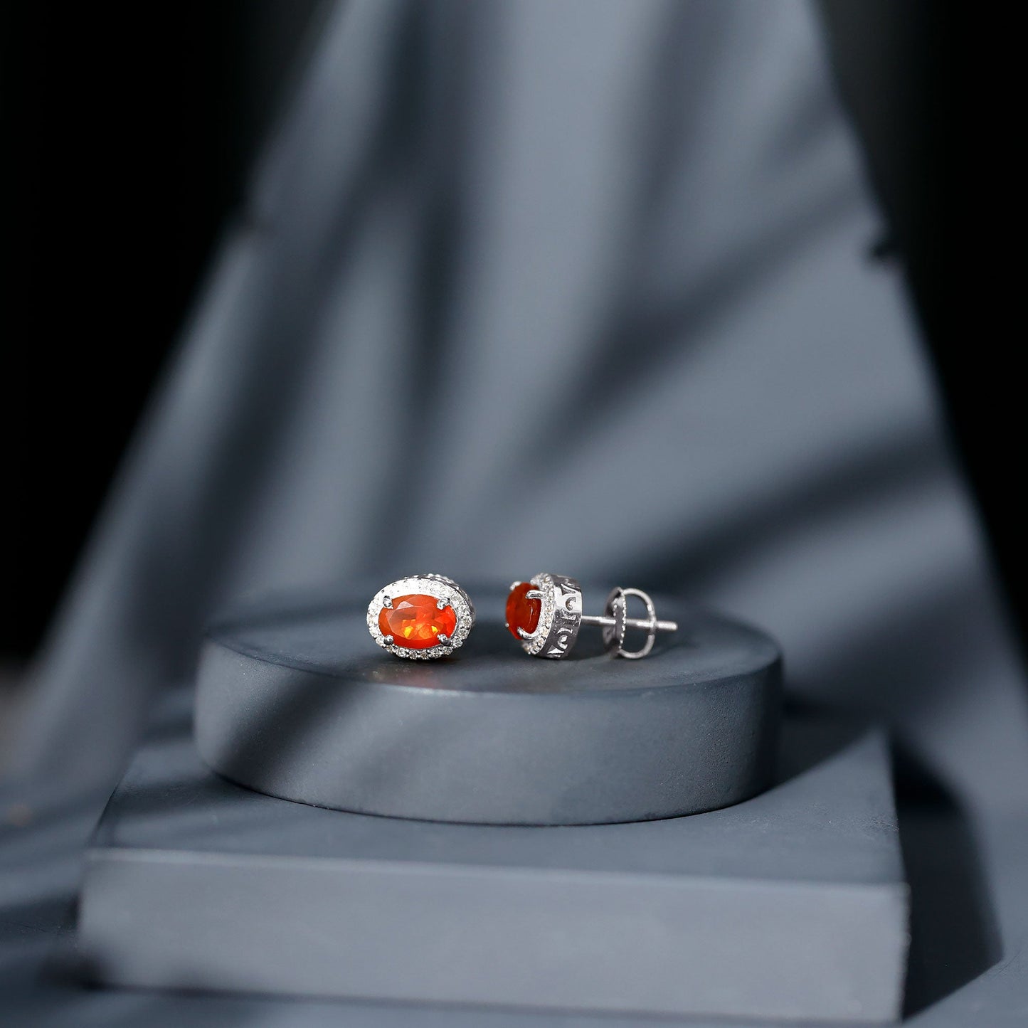 1.3 Carat Oval Cut Fire Opal and Diamond Halo Stud Earrings