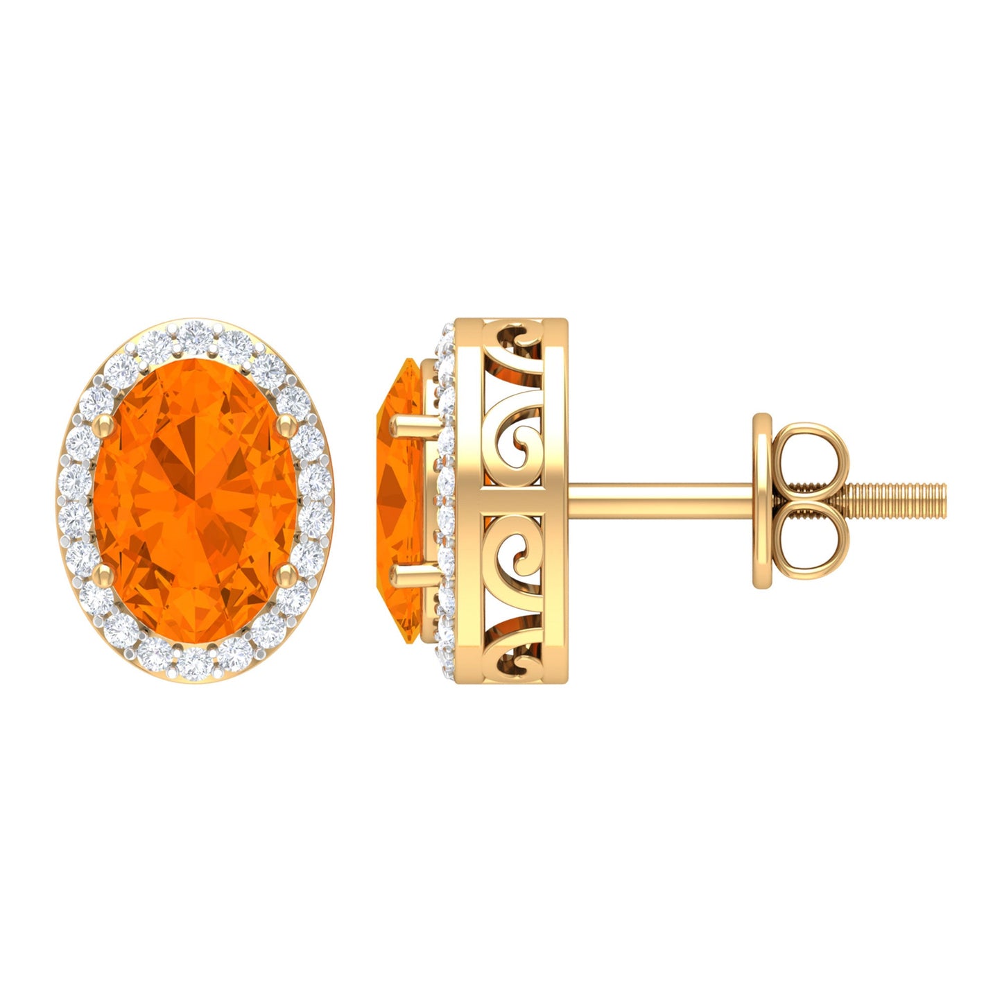 1.3 Carat Oval Cut Fire Opal and Diamond Halo Stud Earrings
