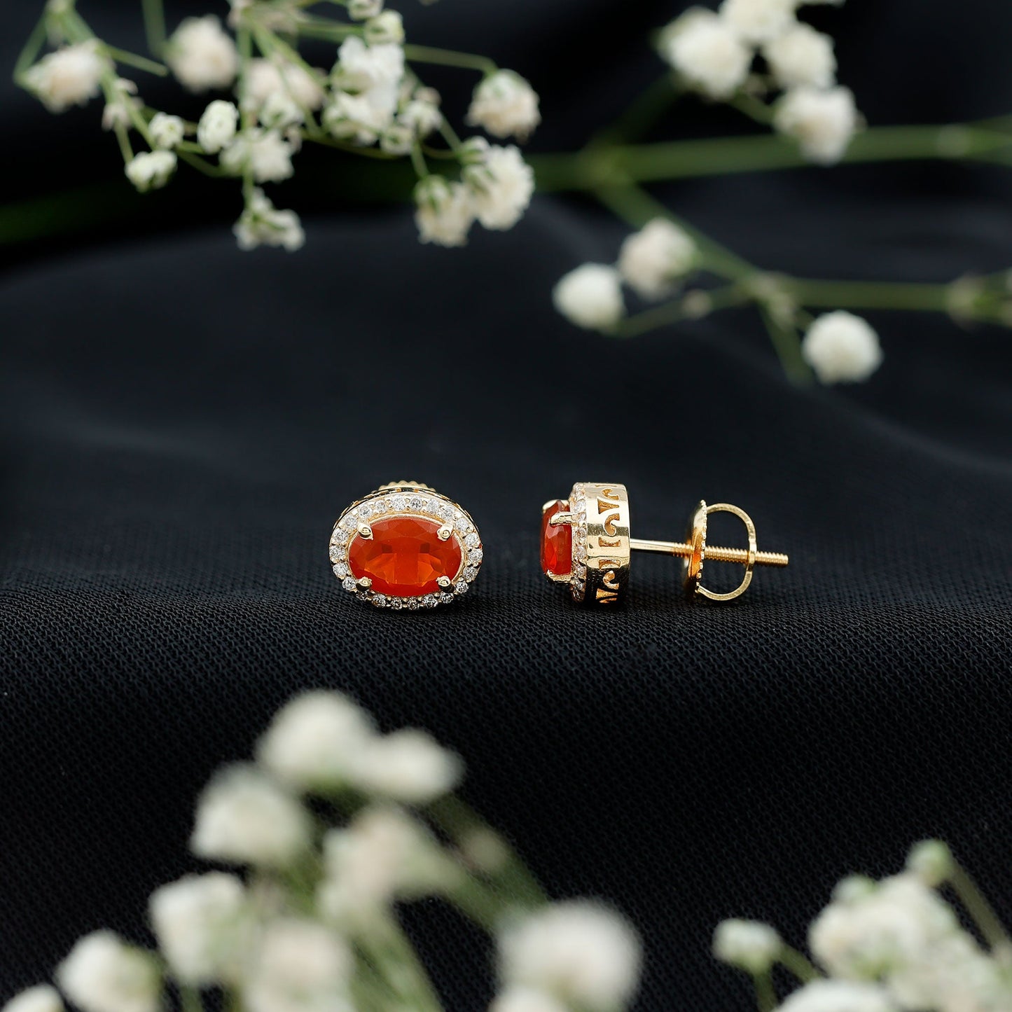 1.3 Carat Oval Cut Fire Opal and Diamond Halo Stud Earrings
