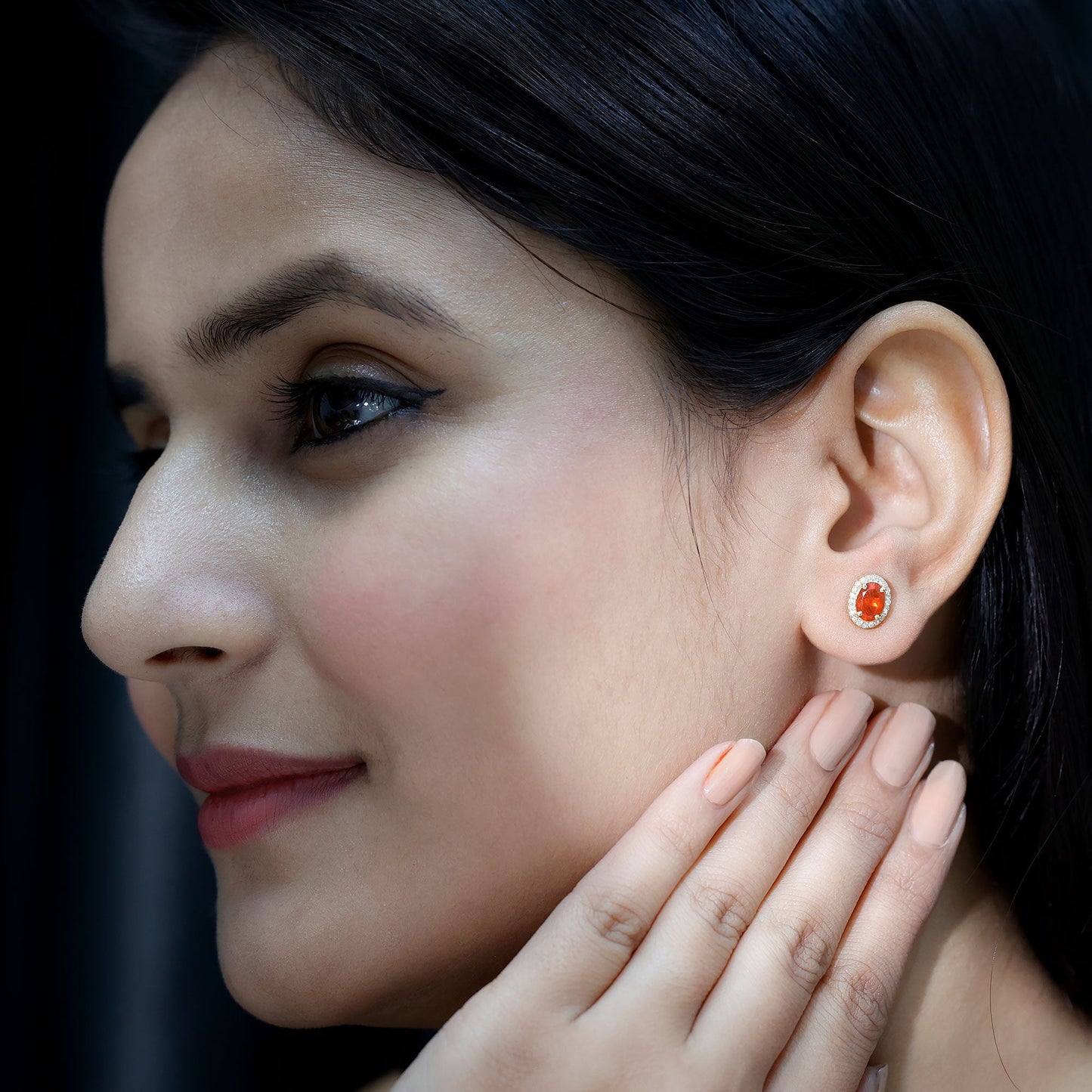 1.3 Carat Oval Cut Fire Opal and Diamond Halo Stud Earrings