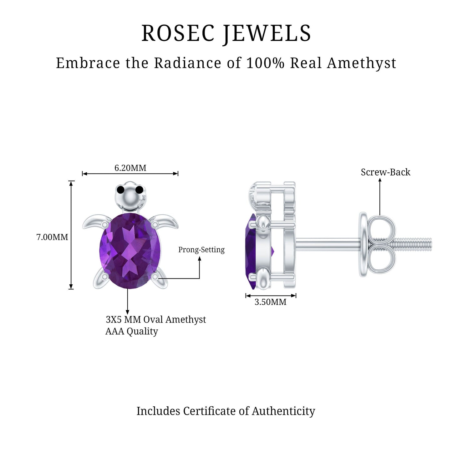 Natural Oval Amethyst Turtle Stud Earrings for Women