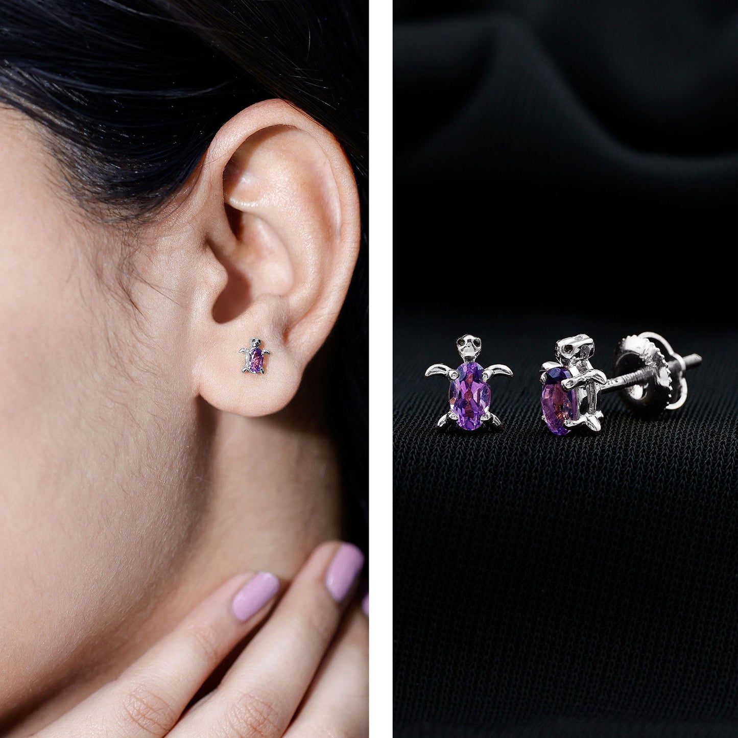 Natural Oval Amethyst Turtle Stud Earrings for Women