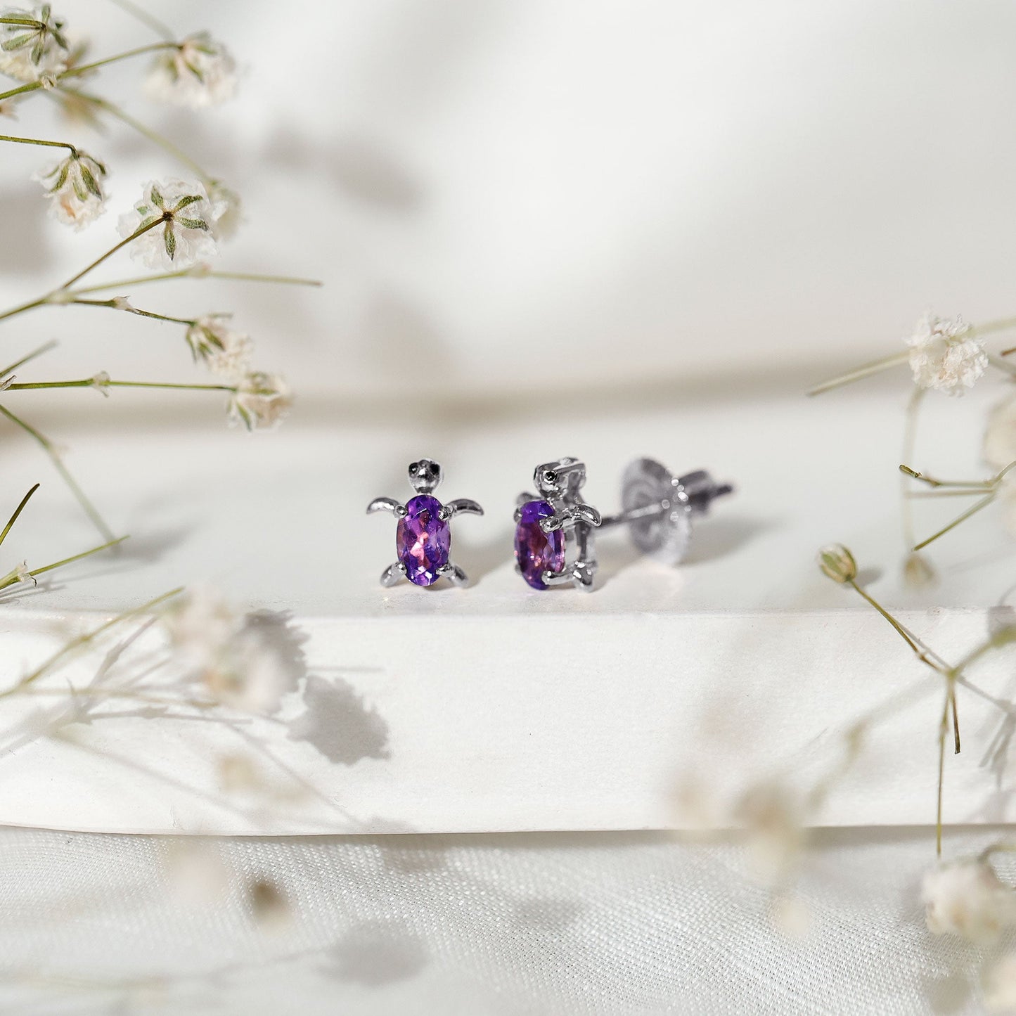 Natural Oval Amethyst Turtle Stud Earrings for Women