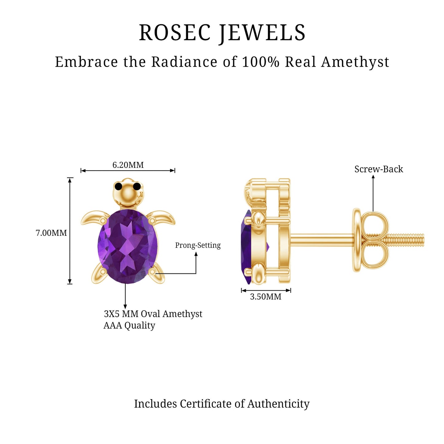 Natural Oval Amethyst Turtle Stud Earrings for Women