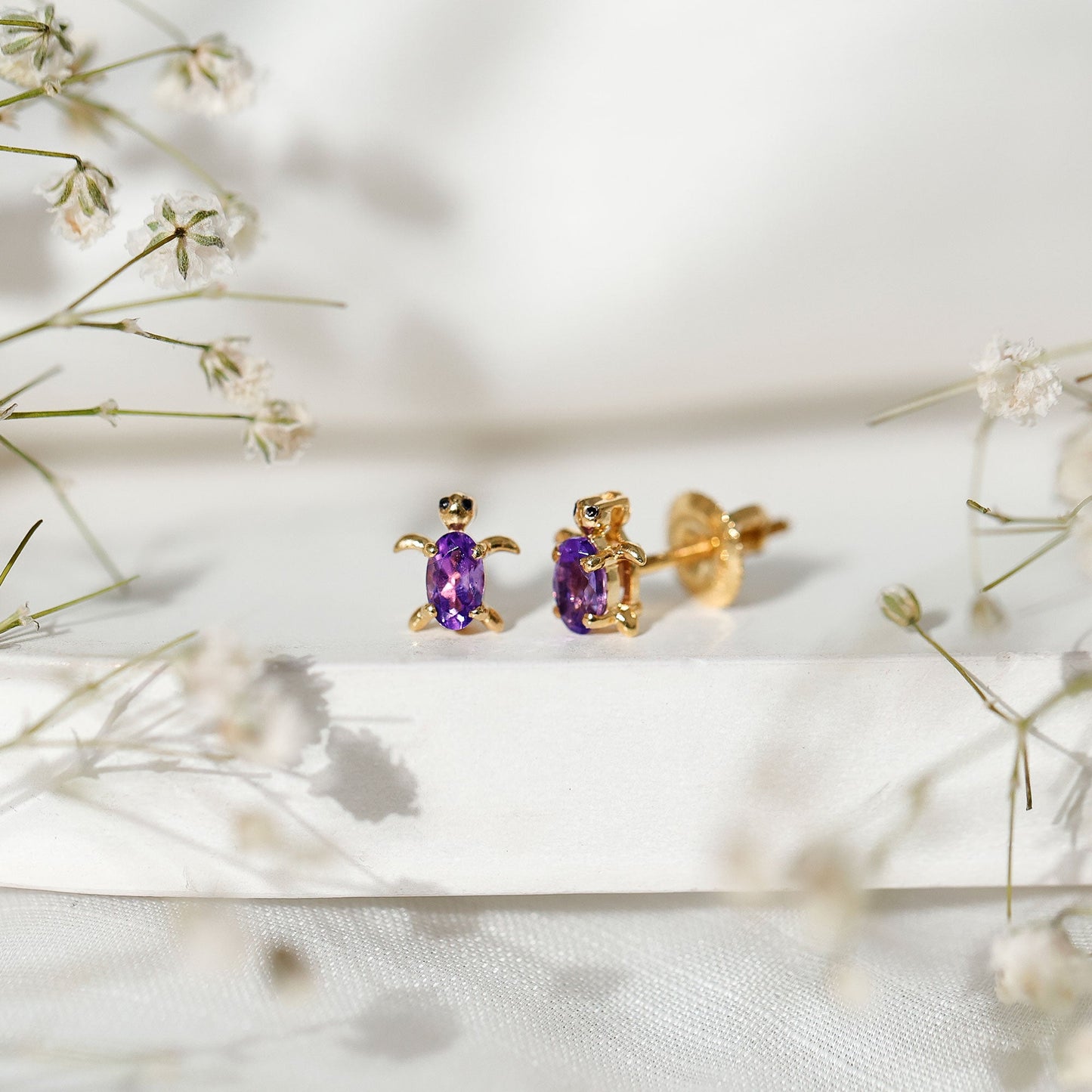 Natural Oval Amethyst Turtle Stud Earrings for Women