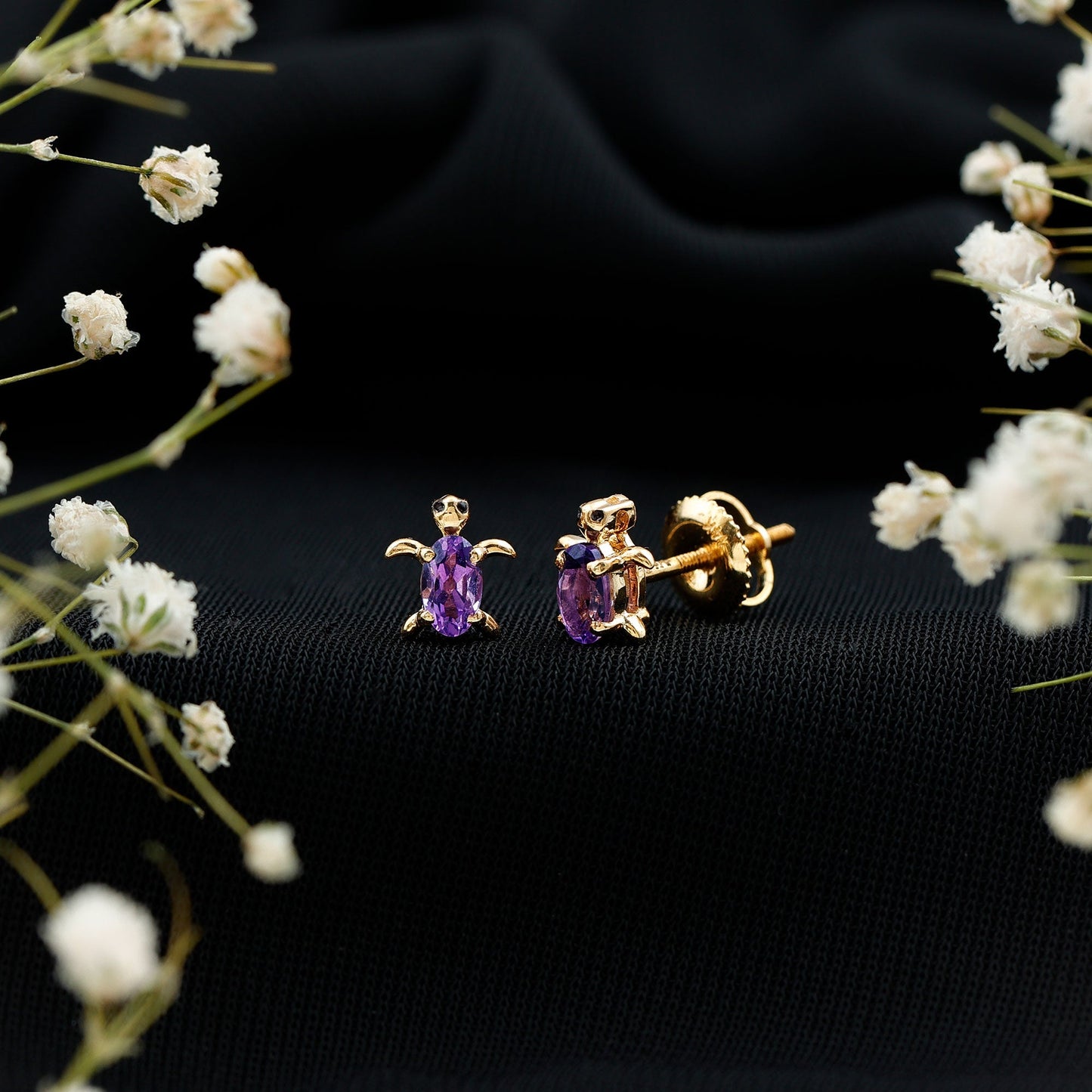 Natural Oval Amethyst Turtle Stud Earrings for Women