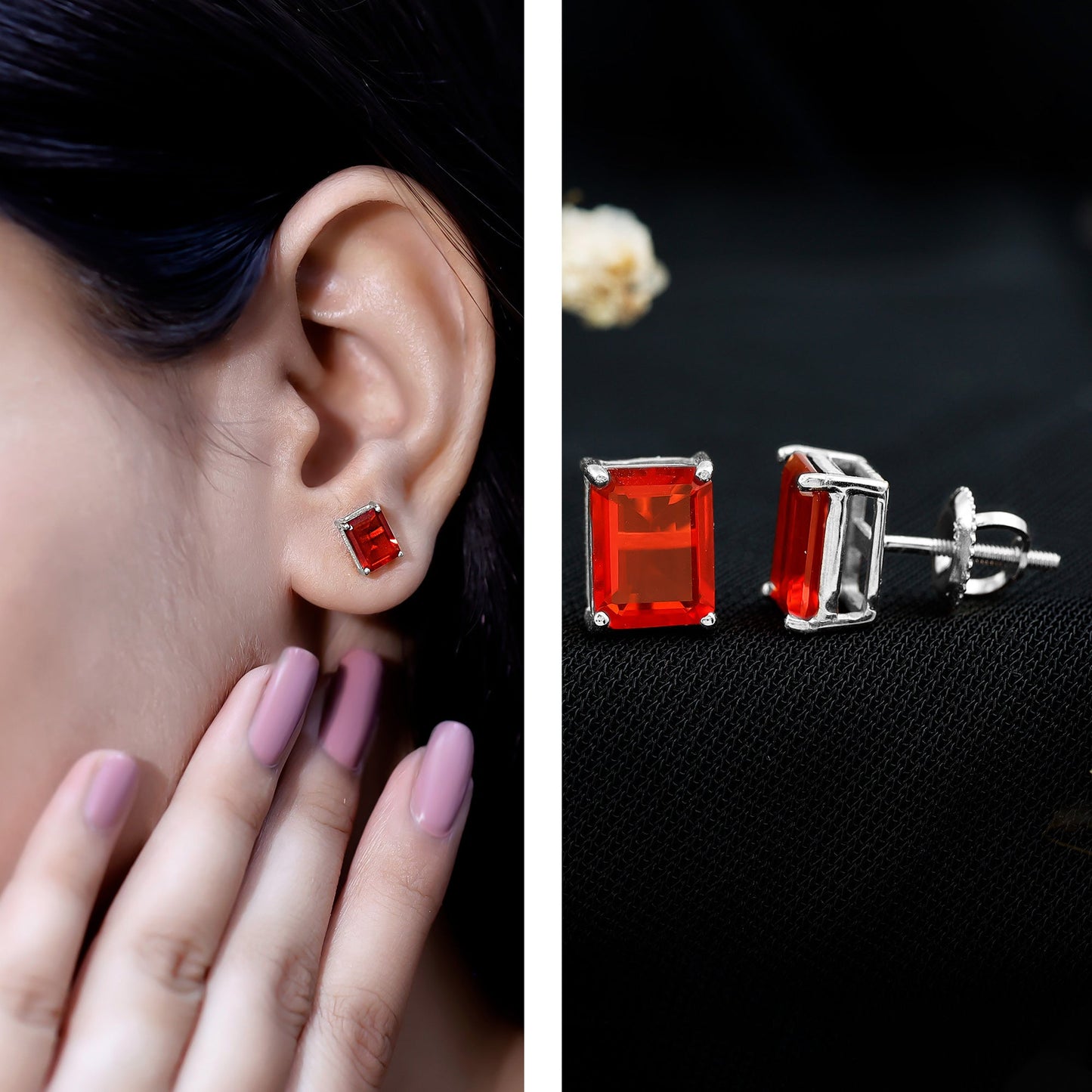 2 CT Emerald Cut Fire Opal Solitaire Stud Earrings for Women