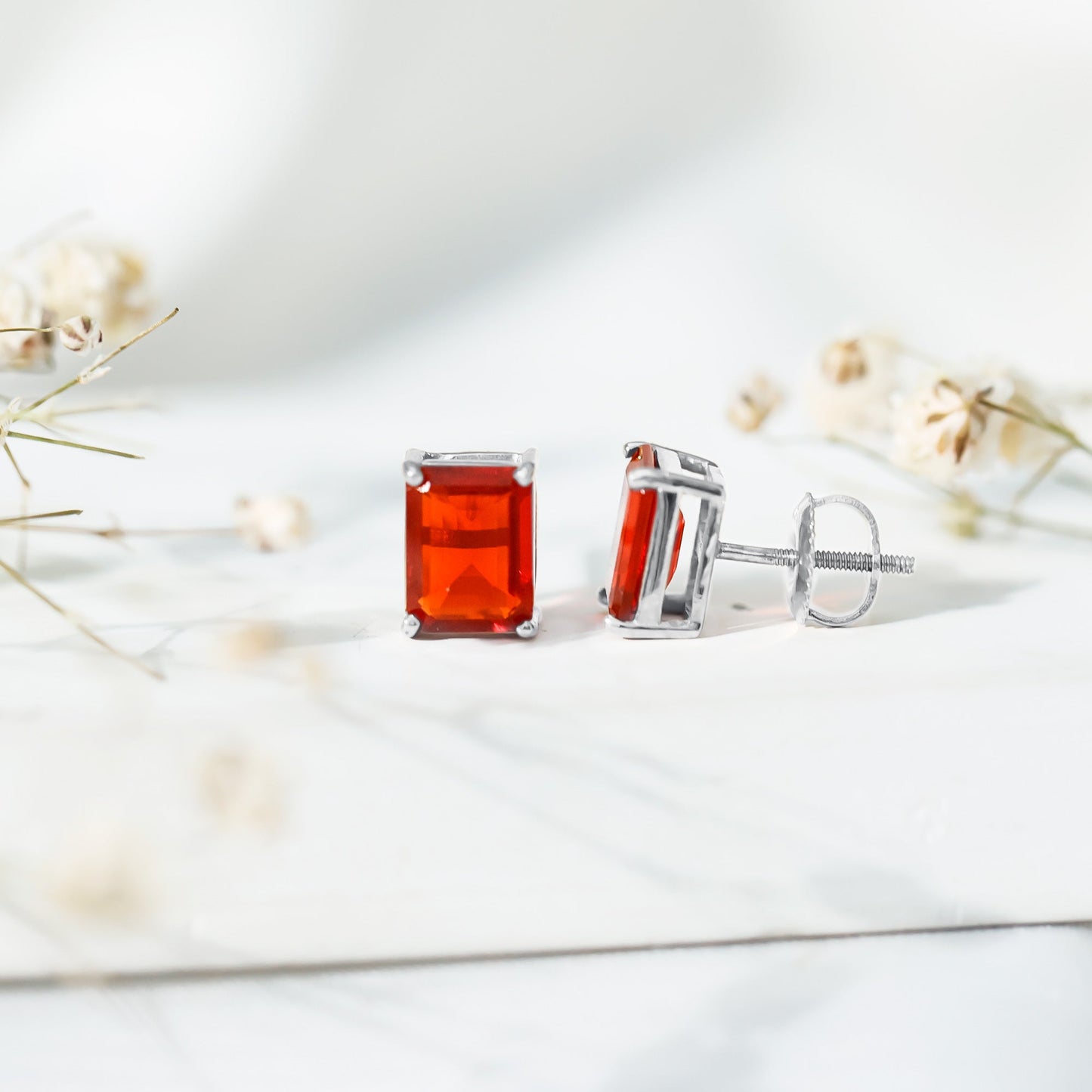 2 CT Emerald Cut Fire Opal Solitaire Stud Earrings for Women